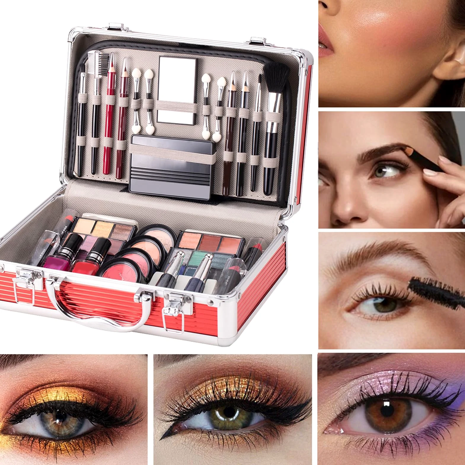 Set trucco per principianti, kit trucco per adolescenti | Kit per principianti con custodia | Ombretto, fard, per sopracciglia, rossetto, smalto, pennello per sopracciglia con custodi