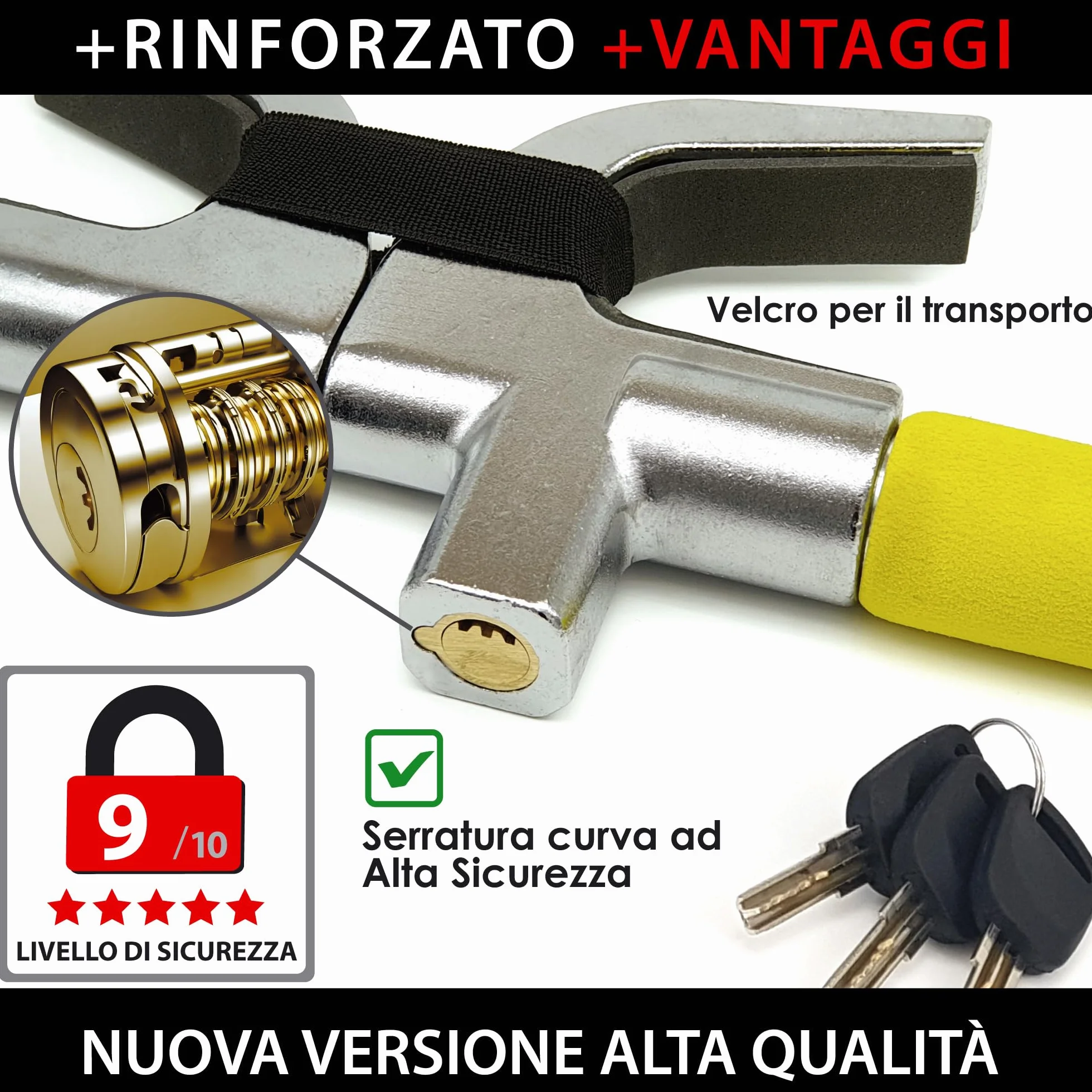 KRASER WA839Y Blocasterzo Antifurto Auto Acciaio Inossidabile 3 Chiavi