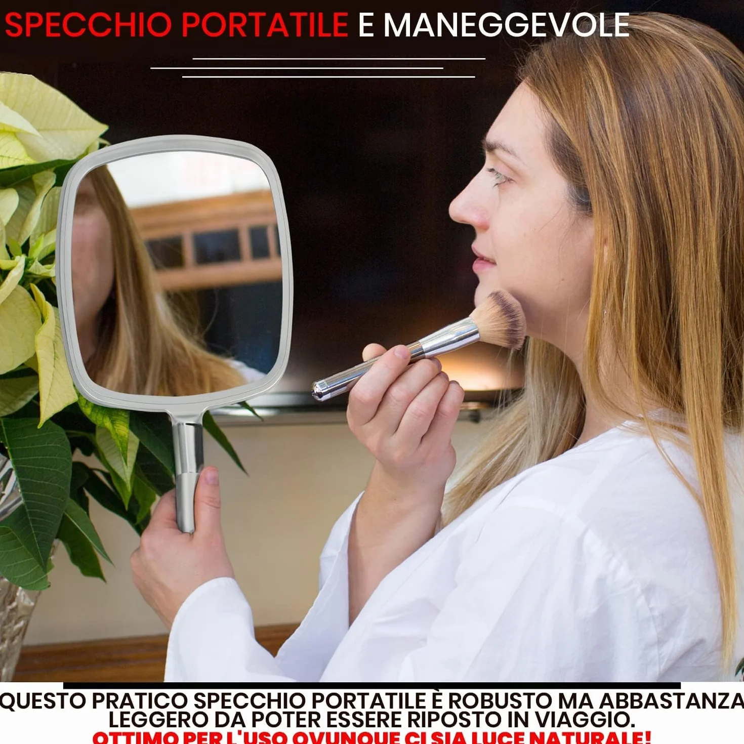 Specchio a mano portatile grande per trucco Mirrorvana con manico ergonomico argento
