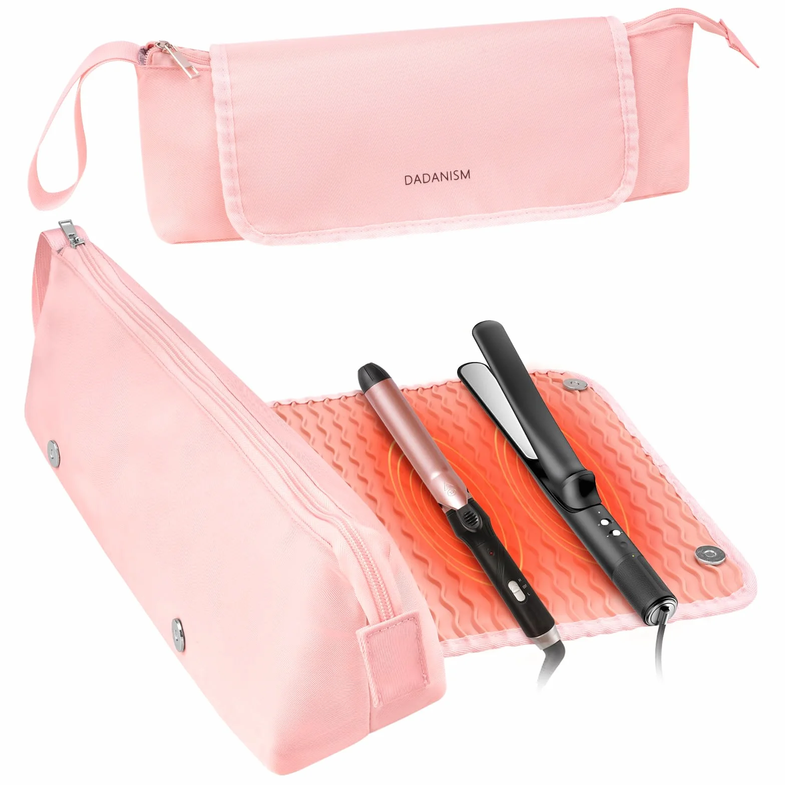 Dadanism Kit per Parrucchieri, Borsa da Viaggio per Strumenti per Capelli con Tappetino Termoresistente Rimovibile, Organizzatore 2 in 1 per Arricciacapelli, Piastra e Accessori da Donna, Rosa