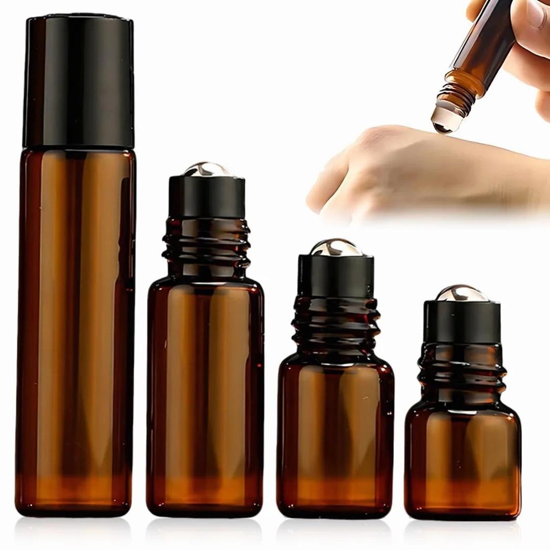 Roll on Vuoto per Oli Essenziali,8 Pezzi 2ml 3ml 5ml 10ml Marrone Bottiglie Vuote in Vetro con Sfera in Acciaio Inossidabile, Riutilizzabile, Boccette Vetro per Oli, Profumi, Cosmetici, Aromaterapia