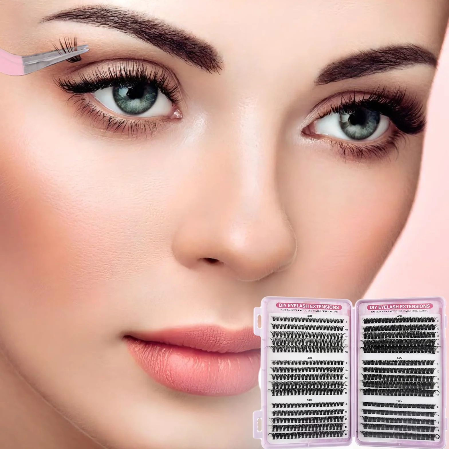 VEGCOO 570 Pezzi Ciglia Finte Ciuffetti Kit Extension Ciglia 30-100D 8-16mm DIY Eyelash Extension con Accessori