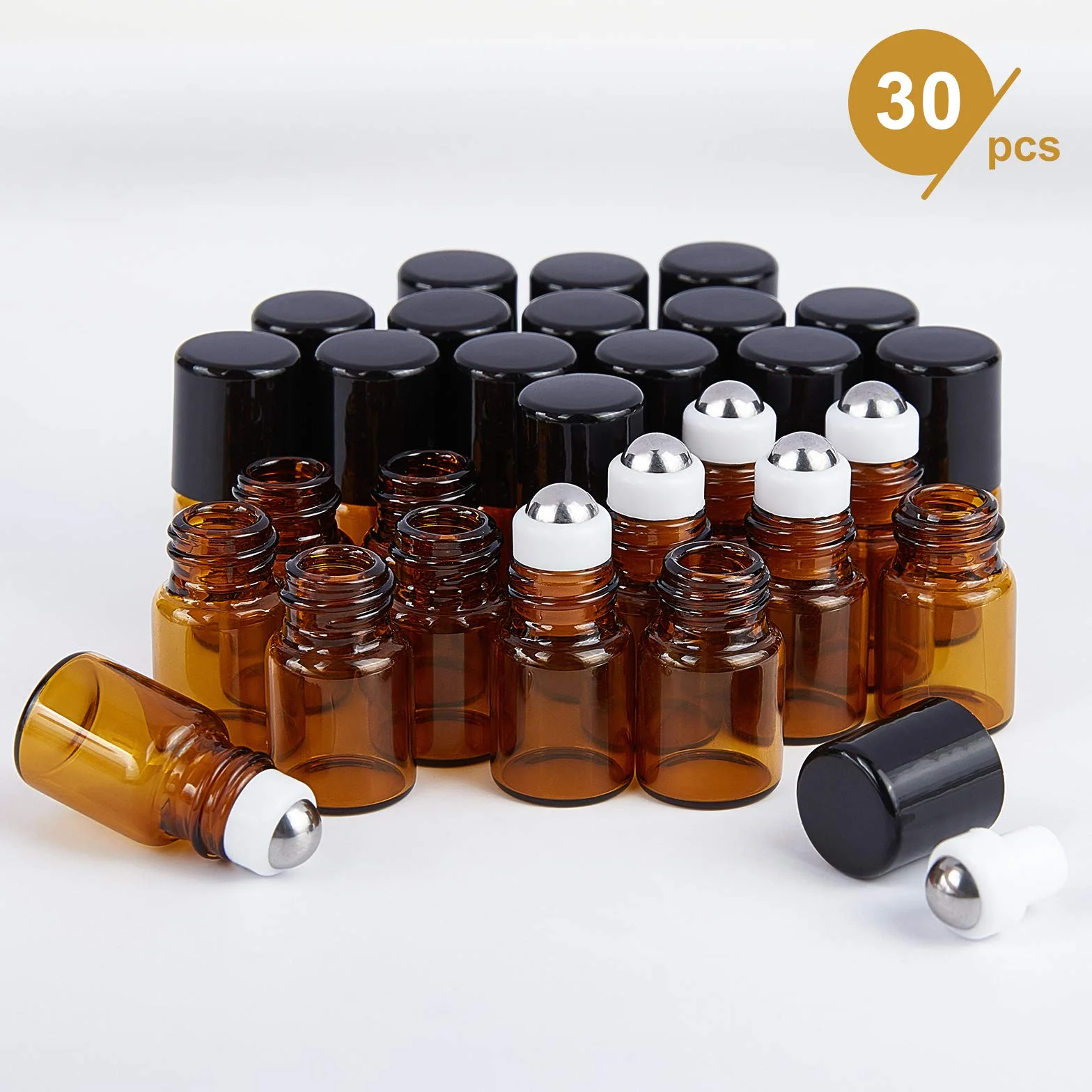BENECREAT 30 Pack 2ml Flacone con Rullo in Vetro Ambrato con Tappo Nero con 4PCS tramogge, 1PCS Apriscatole, 10PCS 3ml Contagocce 1 Foglio Adesivo per Profumo per Aromaterapia