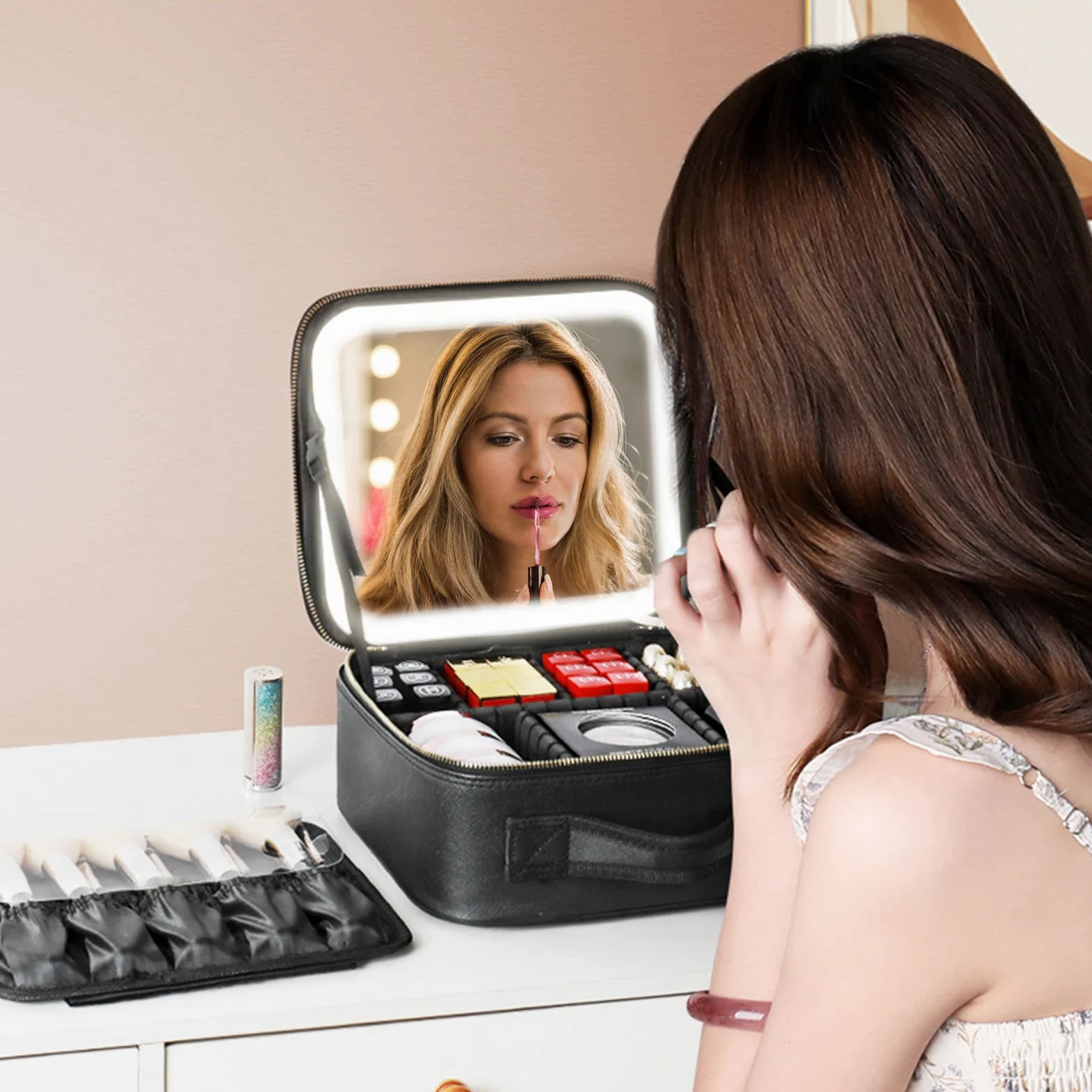 Borsa da trucco da viaggio, Organizer Per Cosmetici con grande specchio LED regolabile a 3 impostazioni con scomparti staccabile, Borsa da Toilette Impermeabile perfetto per viaggio/all'aperto