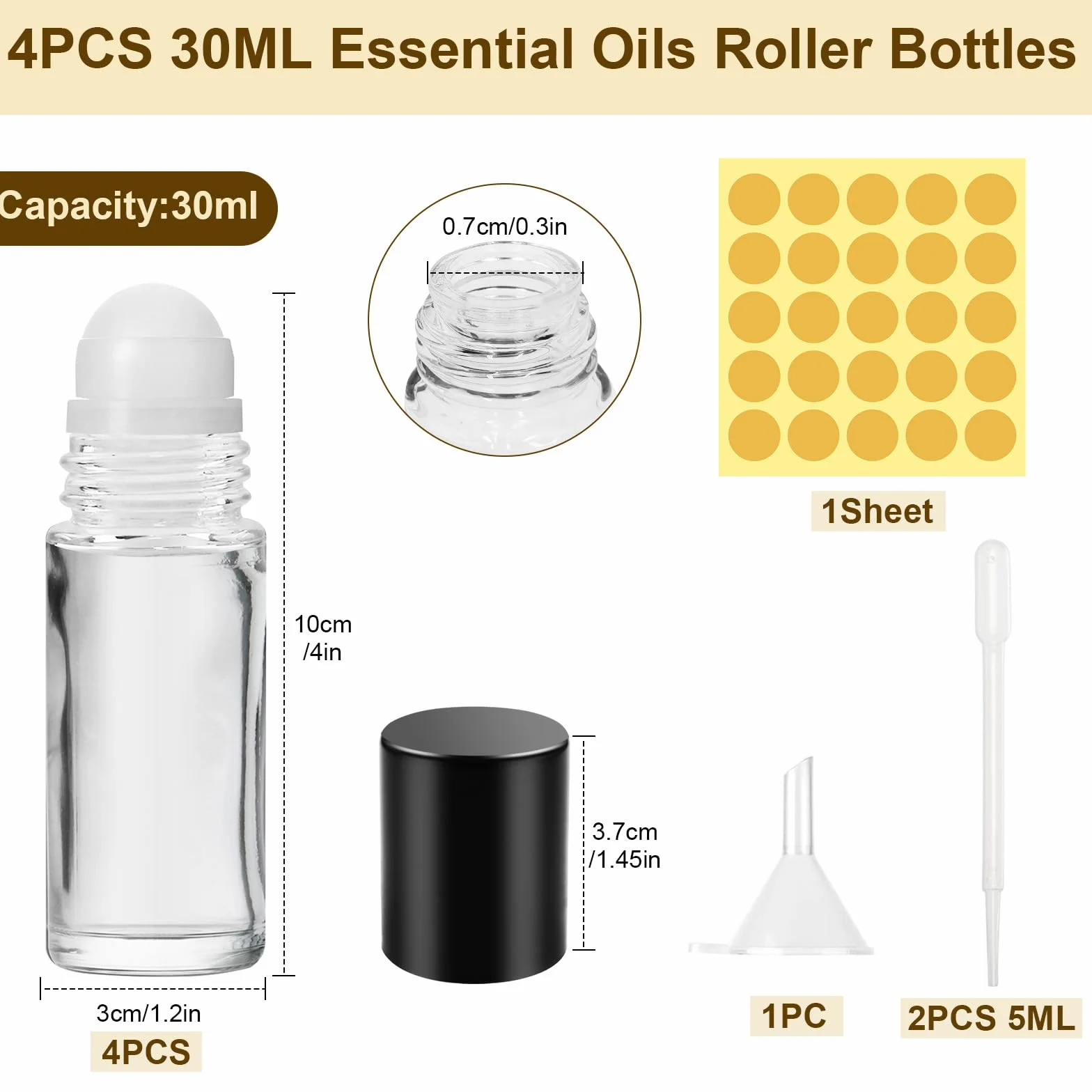 4 Pezzi 30ML Roll on Vuoto per Oli Essenziali, Vuoto Roll On Bottiglie con Sfera, Ricaricabili Flacone per Olio Essenziale con Contagocce, Imbuto, Adesivo per Aromaterapia, Profumi