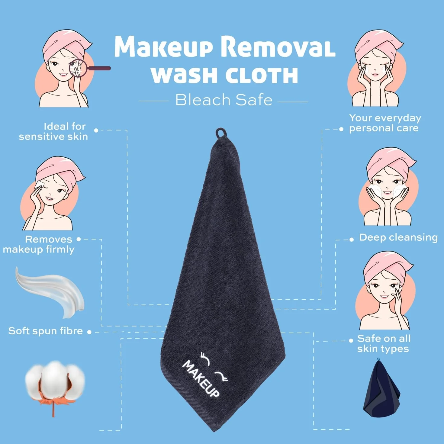 Bleach Safe Black Makeup Towels | Luxury Ultra Soft Cotton Face Washcloths Make up Removal 33 x 33 cm | 6 Pack