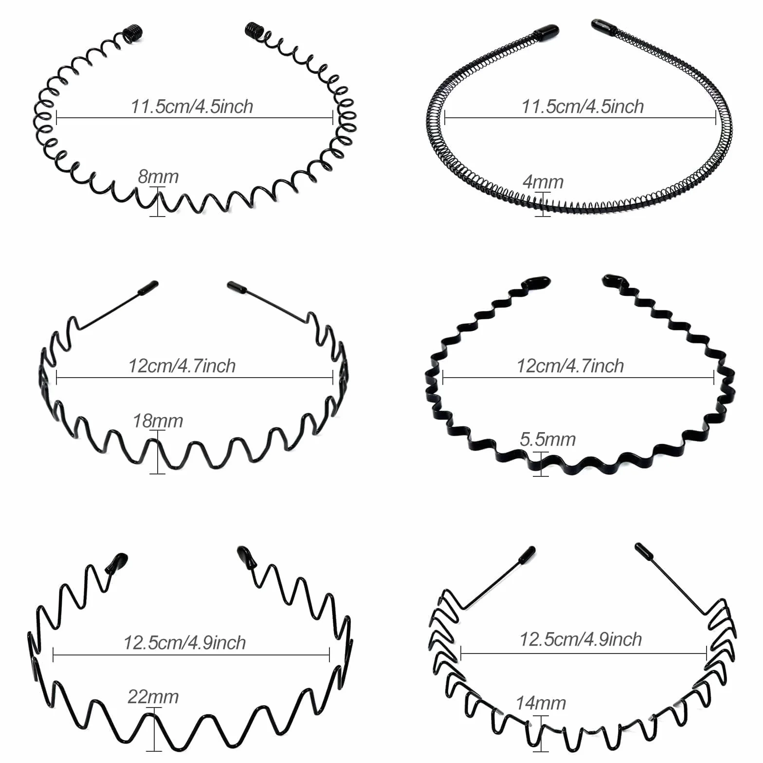 Hanyousheng 6 Pezzi Cerchietti per Capelli, Unisex Cerchietto in Metallo, Cerchietto Fasce per Capelli Fascia Ondulata Nero, Multiplo Stile Antiscivolo Cerchietto, Adatto per Sport, Yoga, Trucco