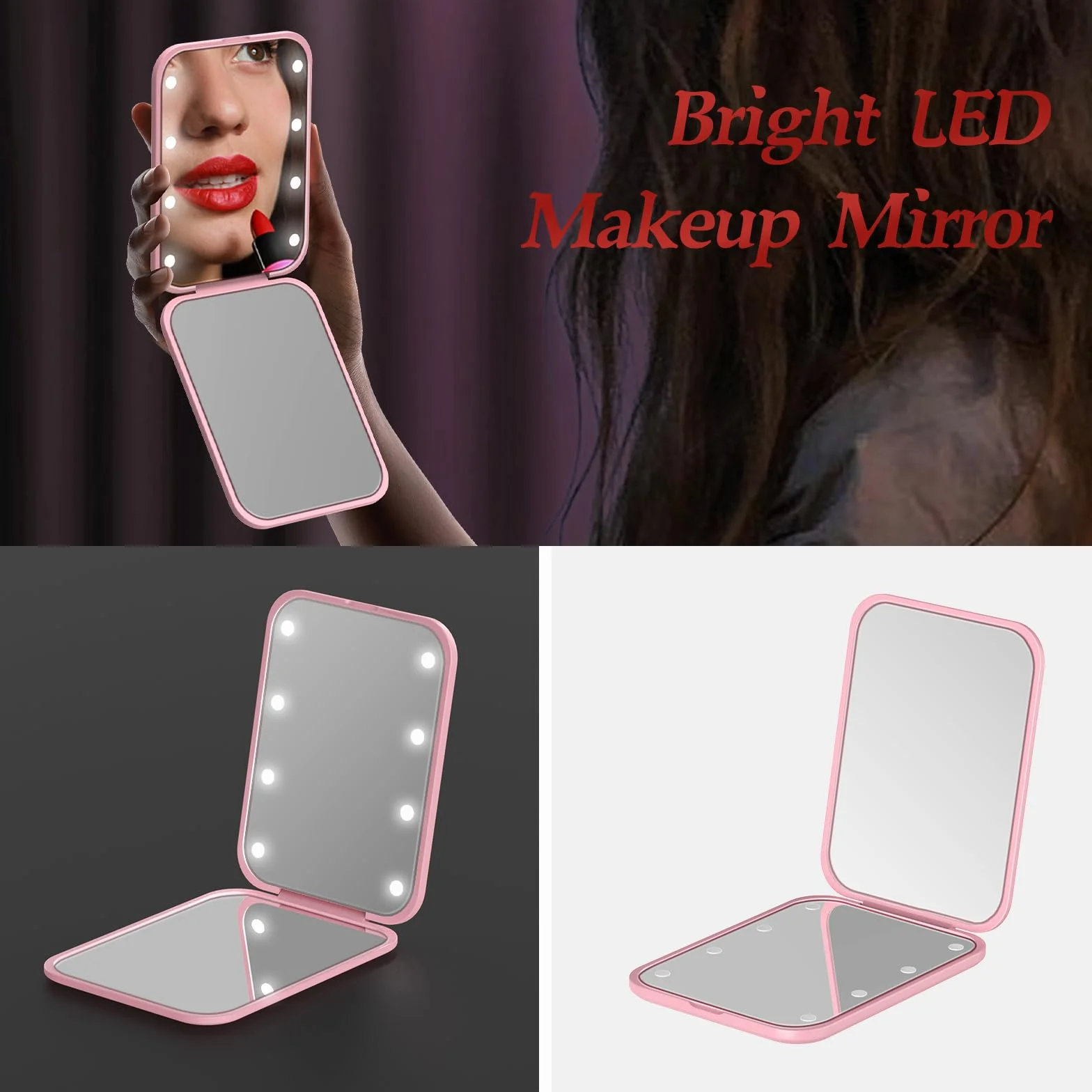 Specchio Portatile con Luce LED 1x/3x Pieghevole per Trucco Viaggio Rosa