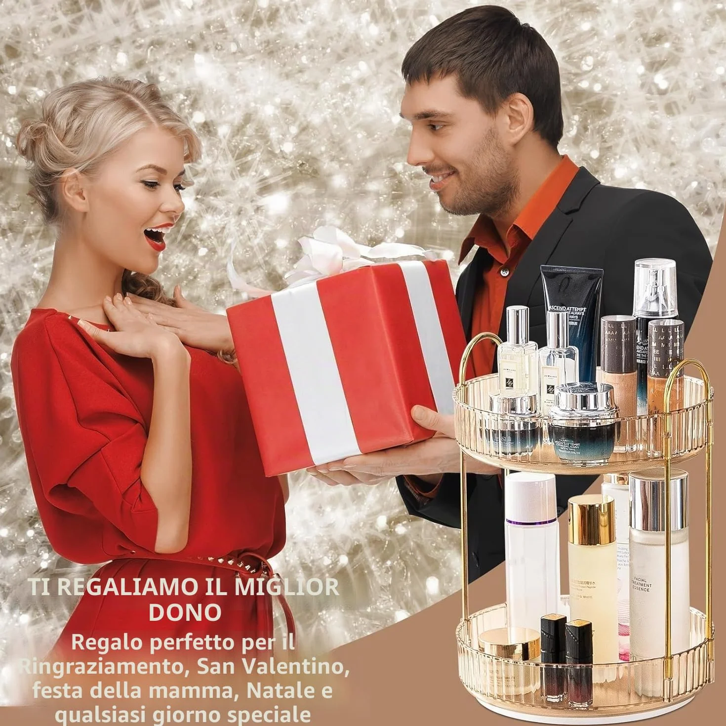 Organizzatore di Trucco Rotante a 360° Grande Capacità per Cosmetici Profumi Cura della Pelle Bagno 2 Strati Ambra