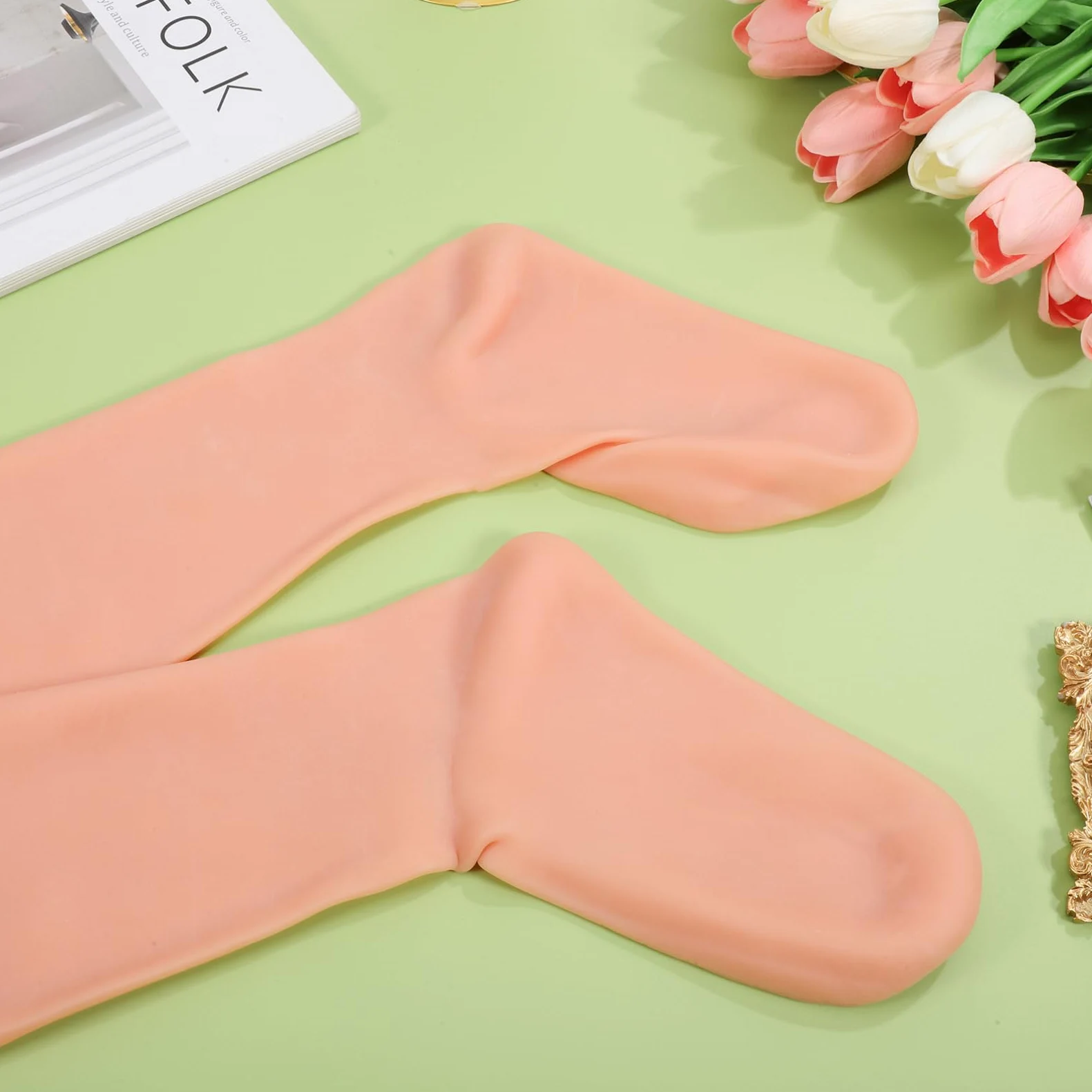 Calzini Idratanti Lunghi 1 Paio per Piedi Secchi Sebs | Tono Khaki, Elastiche e Skin Friendly, Uso su Dita e Piedi in Inverno o Dopo Crema