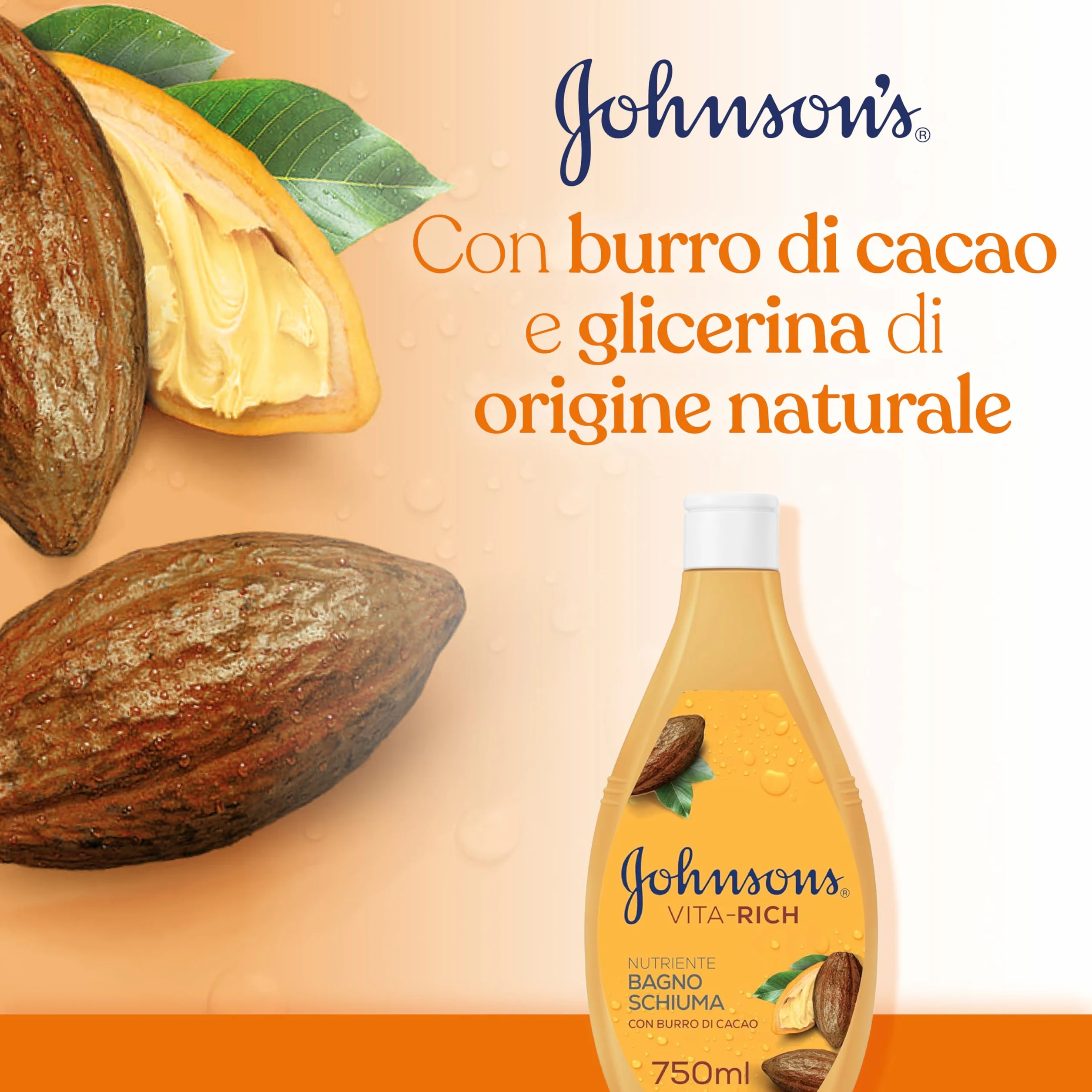 Johnson's Vita-Rich Bagnoschiuma Nutriente, Bagnodoccia con Burro di Cacao e Glicerina di origine vegetale, Docciaschiuma delicato e idratante per una pelle profumata e dall'aspetto sano, 750 ml