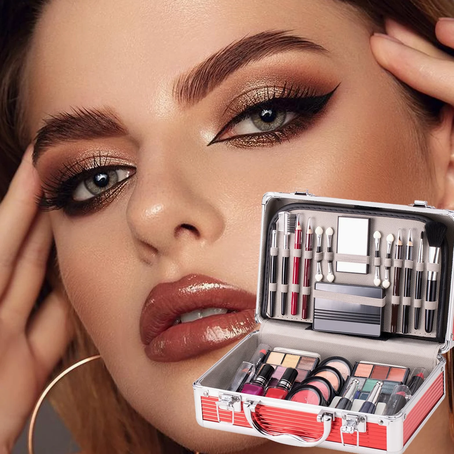 Set trucco per principianti, kit trucco per adolescenti | Kit per principianti con custodia | Ombretto, fard, per sopracciglia, rossetto, smalto, pennello per sopracciglia per il degl