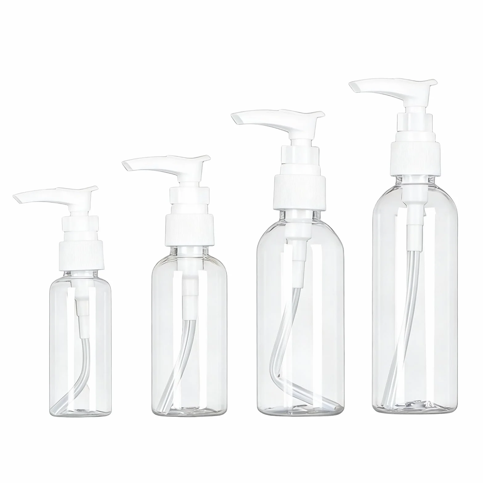 4 Pezzi dispenser per crema, 30ml, 50 ml, 80 ml, 100 ml, Trasparente enza senz'aria Flaconi da Viaggio, Boccette Contenitori Ricaricabile Con 3 imbuti, per Cosmetici, Lozione, Bagno, Shampoo Liquidi