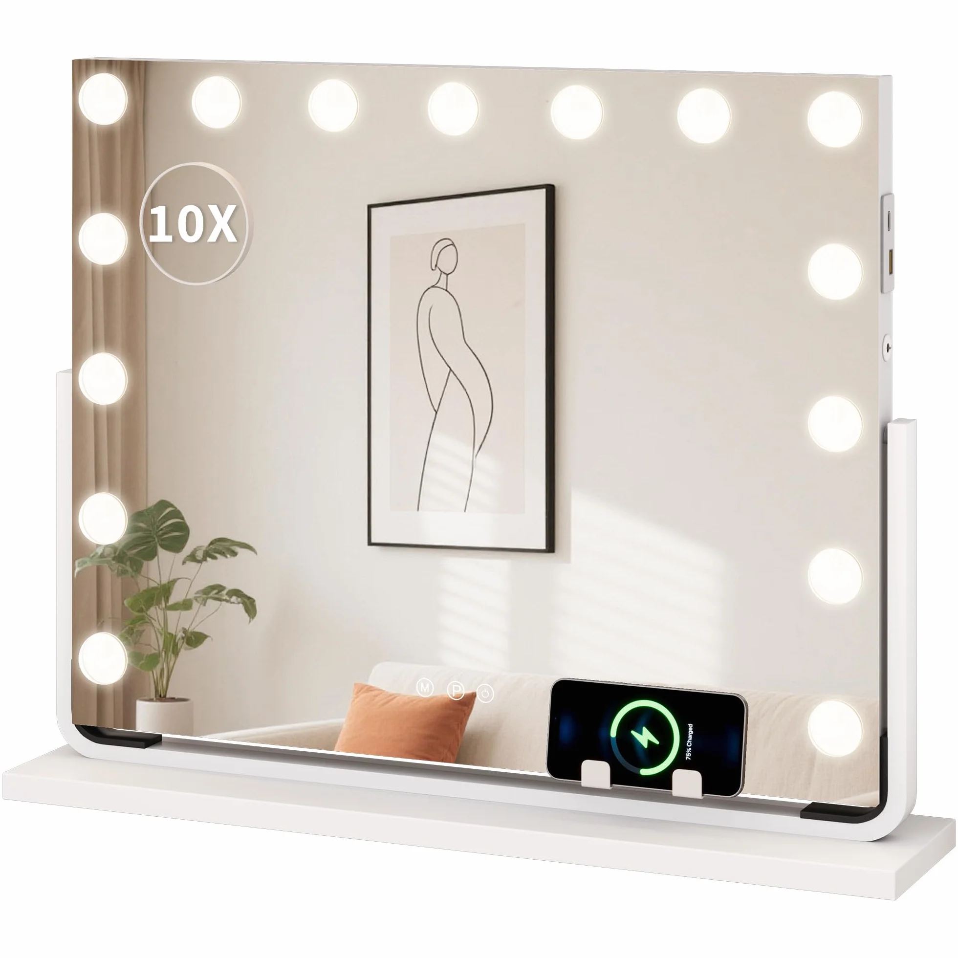 YITAHOME Specchio da Trucco 15 LED con illuminazione, Stile Hollywood con Connessione USB e Tipo-C, 3 Temperature di Colore Regolabili, Specchio Ingranditore 10X e Supporto per Telefono, 58x46 cm