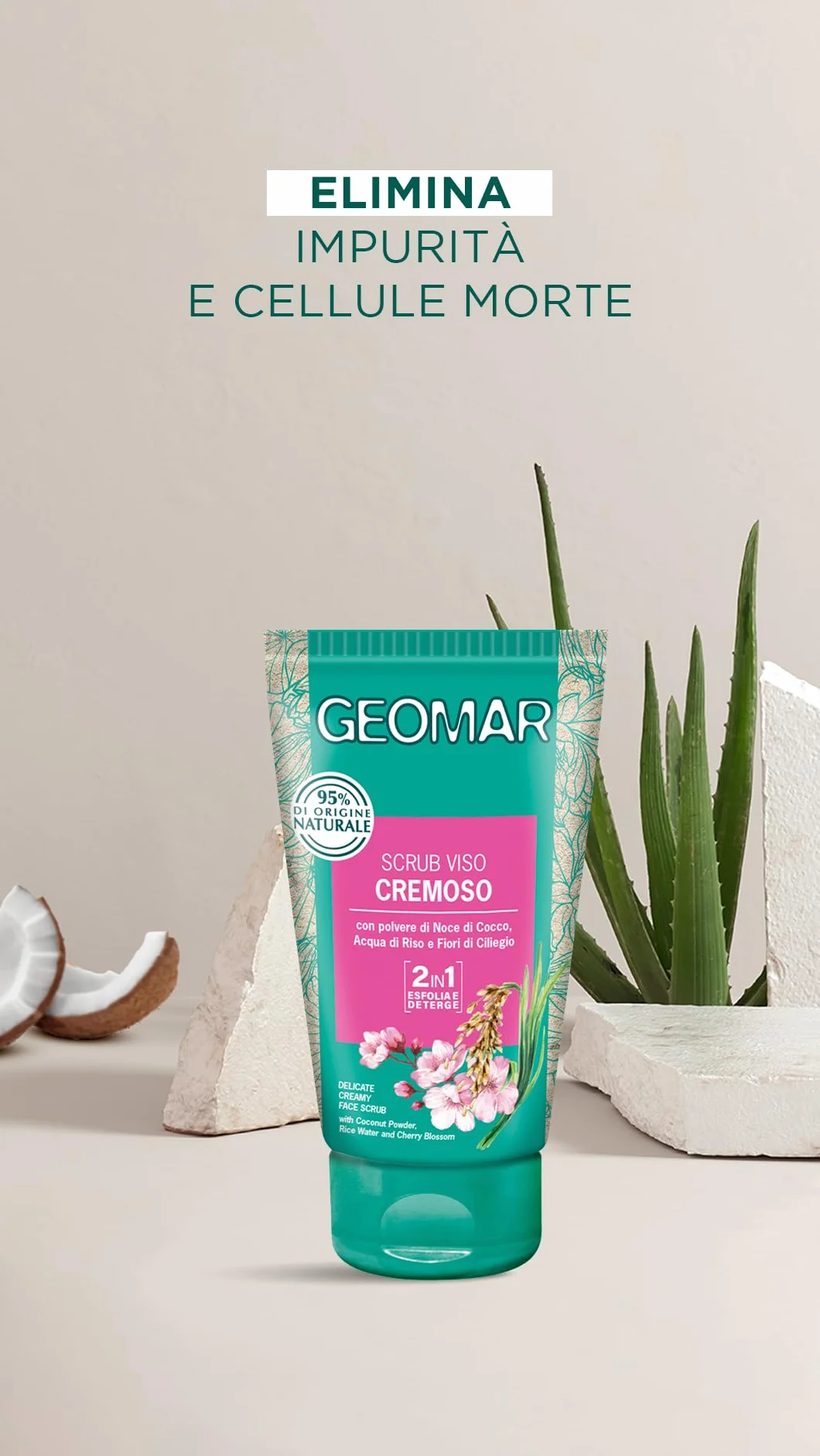 GEOMAR | Scrub Viso Detergente Cremoso, Con polvere di Noce di Cocco, Acqua di Riso e Fiori di Ciliegio, 95% di Origine Naturale, Made in Italy, 1 x 150 ml