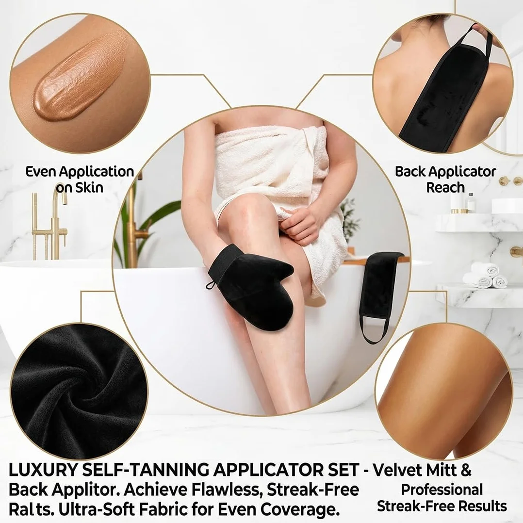 Set 2 Pezzi: Guanti Autoabbronzanti, Applicatore per Schiena, Applicatore Viso, Guanti Esfolianti, Guanti per Crema Solare (Nero)