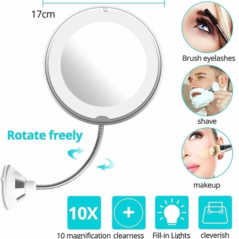 Gegong Specchio di vanità a LED con luce flessibile 360° girevole 10x ingrandimento portatile per viaggio bagno casa