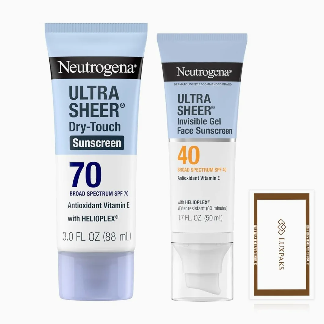 Sun Care Set: Neutrogeena Ultra Sheer SPF 70 & SPF 40 + LUXPAKS Wipe | Neutrogeena Ultra Sheer, SPF 70, SPF 40, Dry-Touch Sunscreen, Invisible Daily Gel, Face & Body, LUXPAKS Wipe