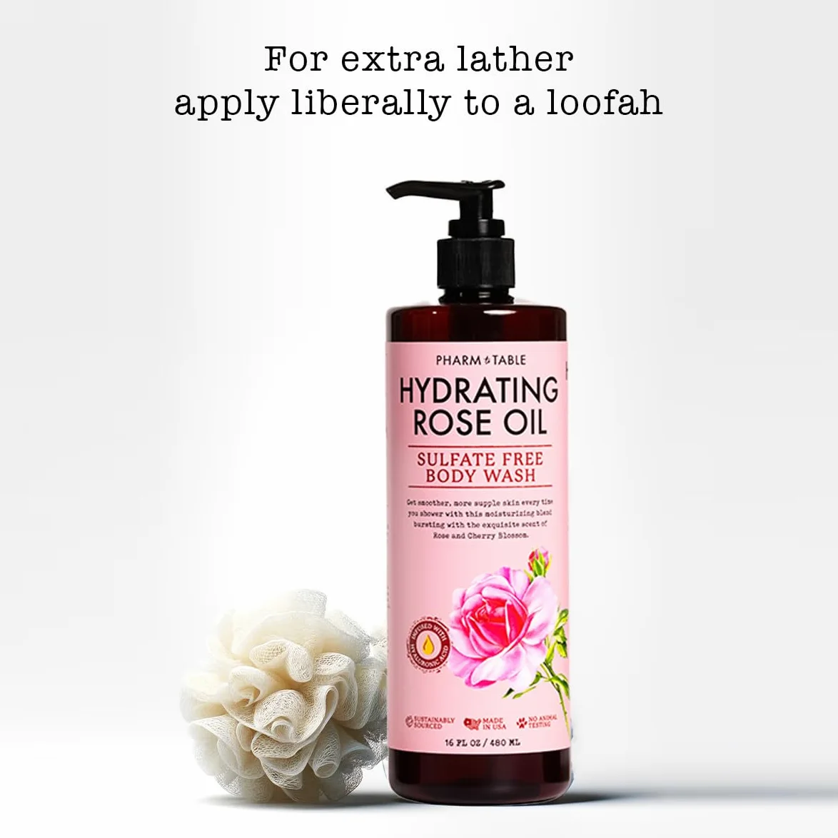 PHARM TO TABLE Gel doccia idratante con olio di rosa, per donne e uomini: idrata e illumina la pelle, senza solfati, 100% cruelty free, 480 ml