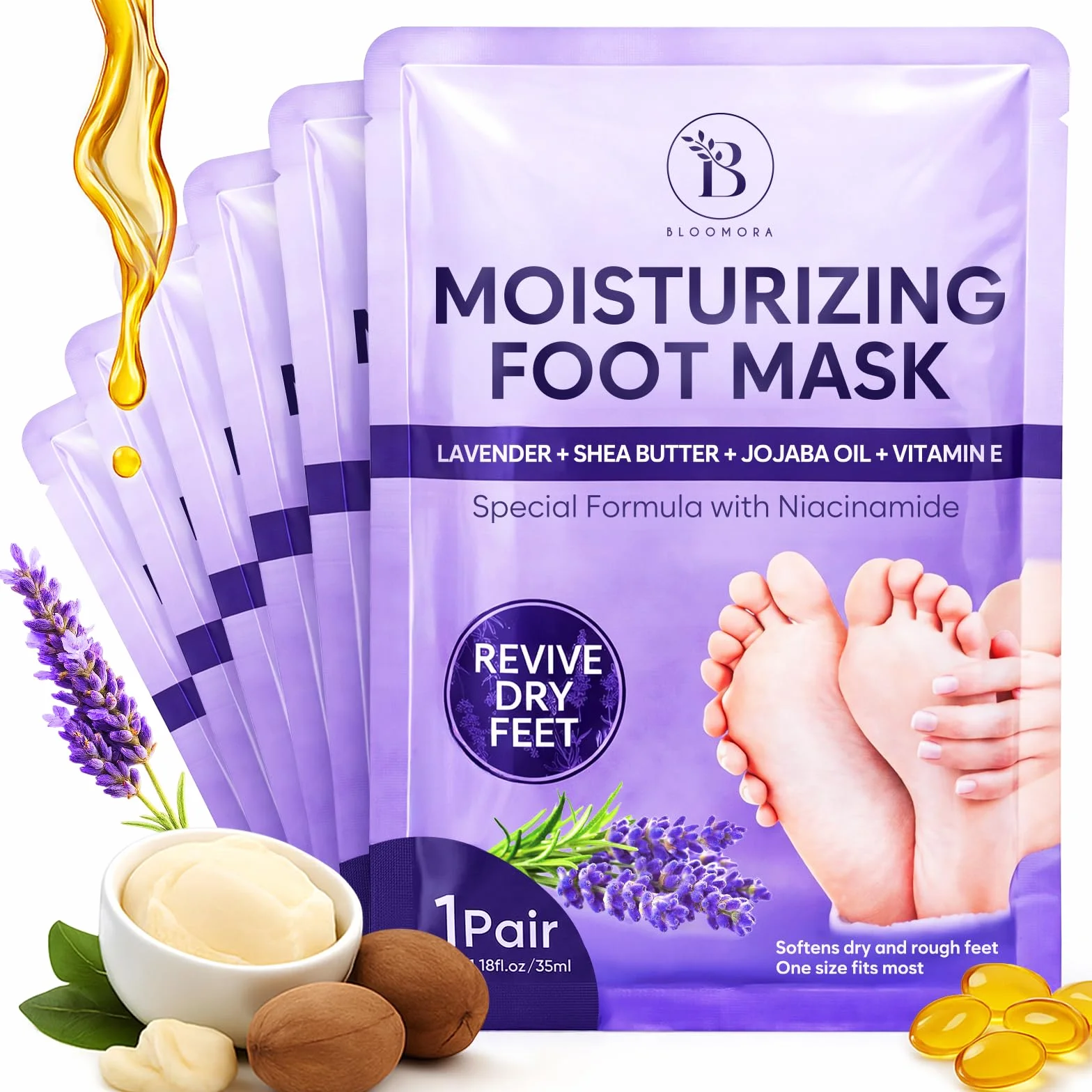 Maschera Piedi Idratante con Estratto di Lavanda, Burro di Karité, Olio di Jojoba e Vitamina E 6 Paia