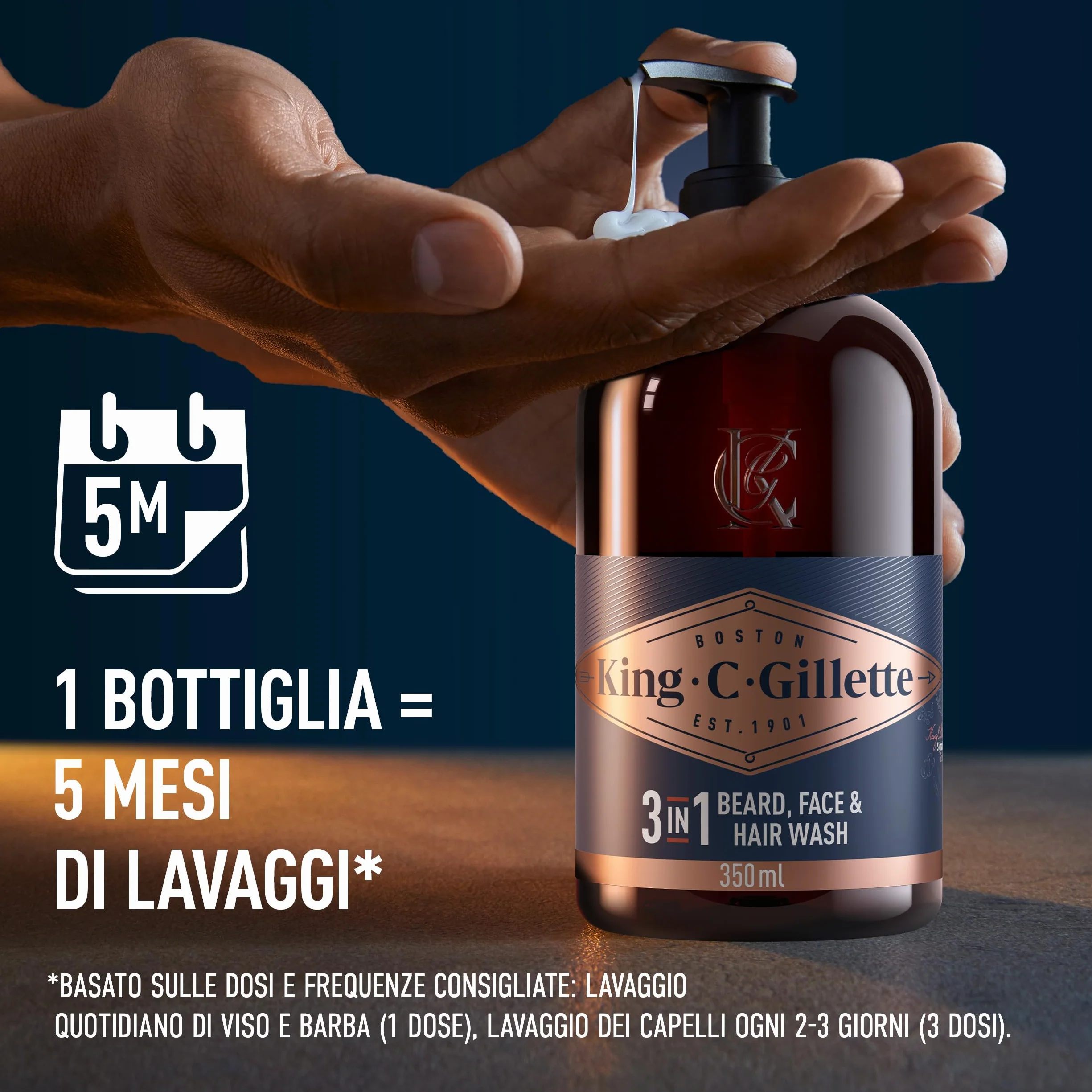 King C. Gillette Detergente Viso Uomo 3 in 1, Sapone Barba, Viso e Capelli, Pulizia e Freschezza, Profumazione King C., Cura della Barba, Idea Regalo Uomo
