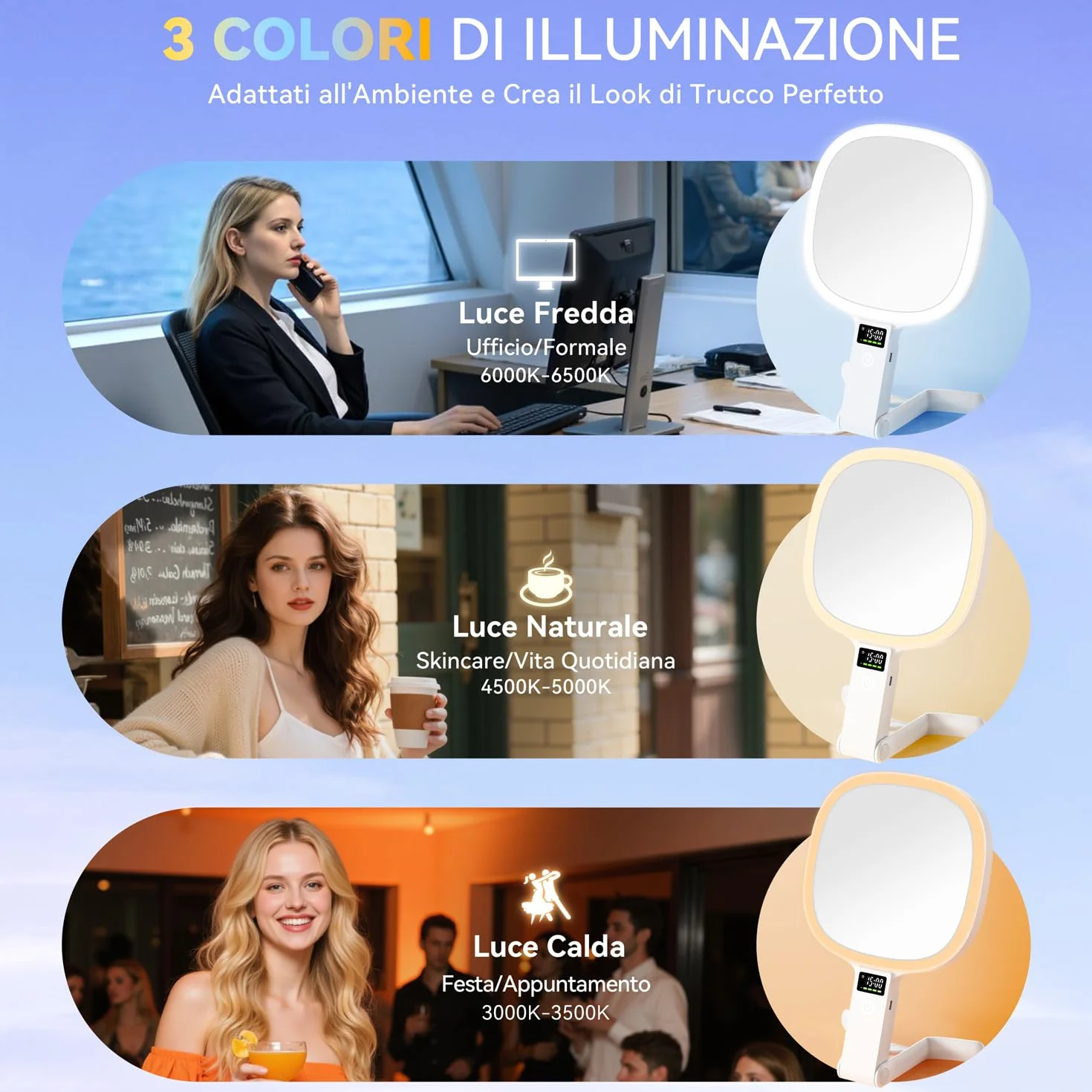 Auxmir Specchio Ingranditore Bifacciale 30X/1X con Luci LED 3 Colori Regolabile, Specchio da Tavolo Pieghevole Ricaricabile