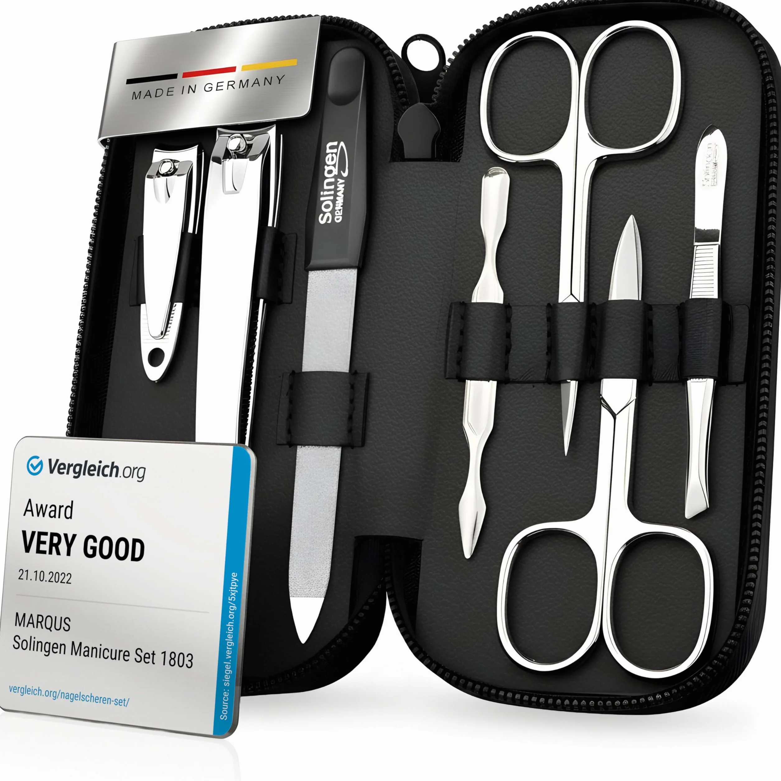 Solingen Set Manicure Uomo e Donna 7 Pezzi – Kit con Etui in Vera Pelle Forbicine Strumenti Mani Piedi