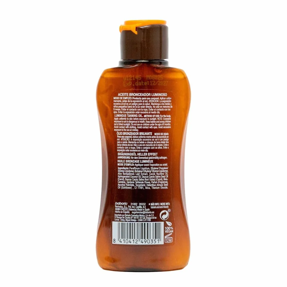 Babaria - Olio Luminoso Solare Formato Viaggio | Acceleratore Abbronzatura | Idratante e Nutritivo | Vegano | 100 ml