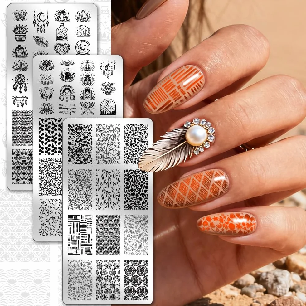 PH PandaHall Set di 3 stencil per nail art, stile bohémien, acchiappasogni, piume, cristalli, luna, stella, unghie, stampini, fiori, foglie, stampini per unghie, per donne, fai da te, manicure, design