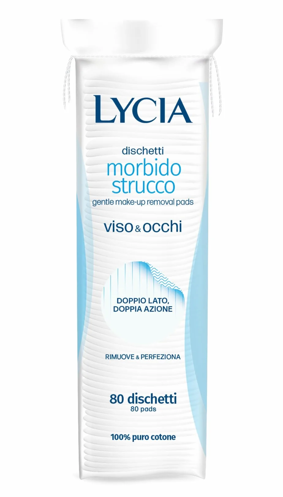 Lycia, Dischetti Struccanti Viso e Occhi, Tessuto Morbido in 100% Puro Cotone, Doppia Azione con Trame Diverse per Rimuovere il Trucco e Perfezionare la Detersione, Confezione 80 Dischetti
