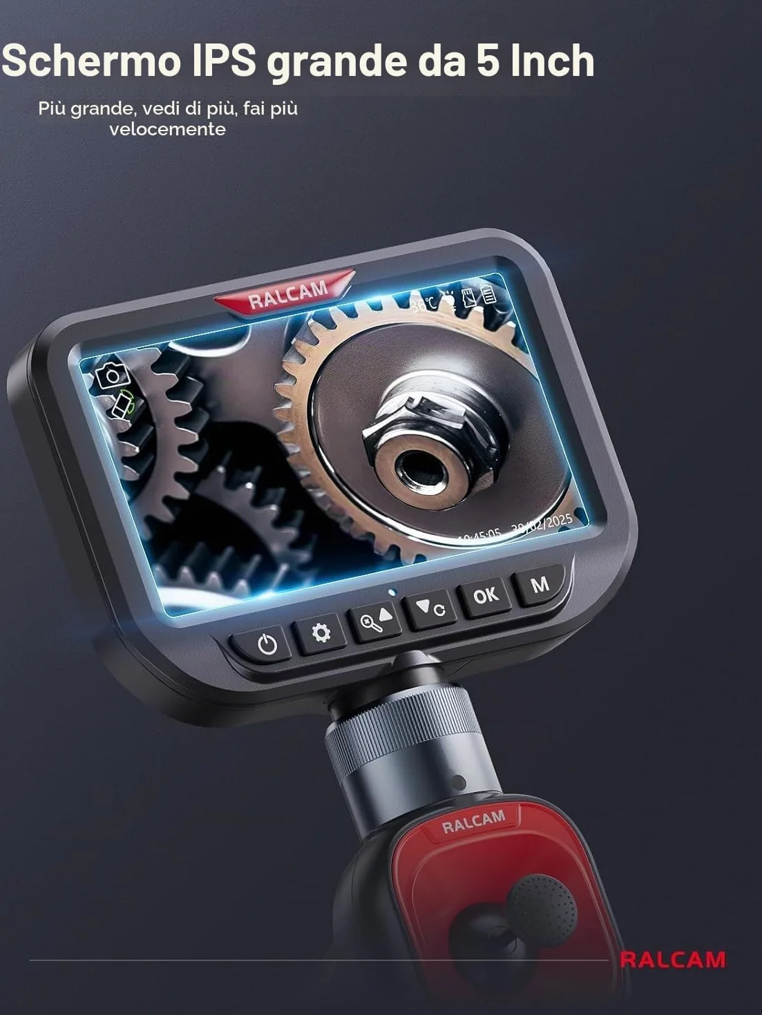 Ralcam Telecamera Endoscopica 360° a Doppio Obiettivo, Schermo HD 5", Sonda 6,5 mm, Impermeabile IP67, 6+1 LED, Cavo 1,5 m