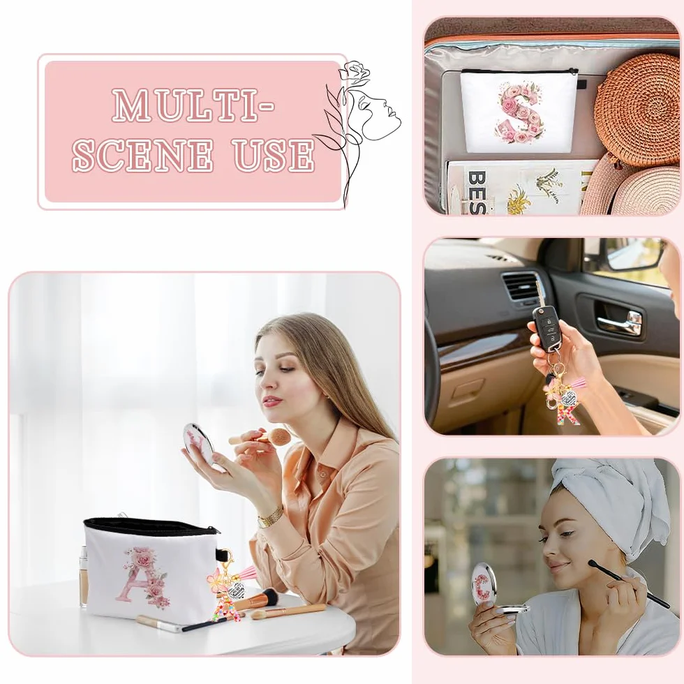WALLFID Pochette Personalizzata con Lettere, Pochette da Make-up con Specchio & Portachiavi Motivazionale, Iniziali A–Z, Ideale come Regalo per Ragazze, Donne & Testimoni di Nozze (C)
