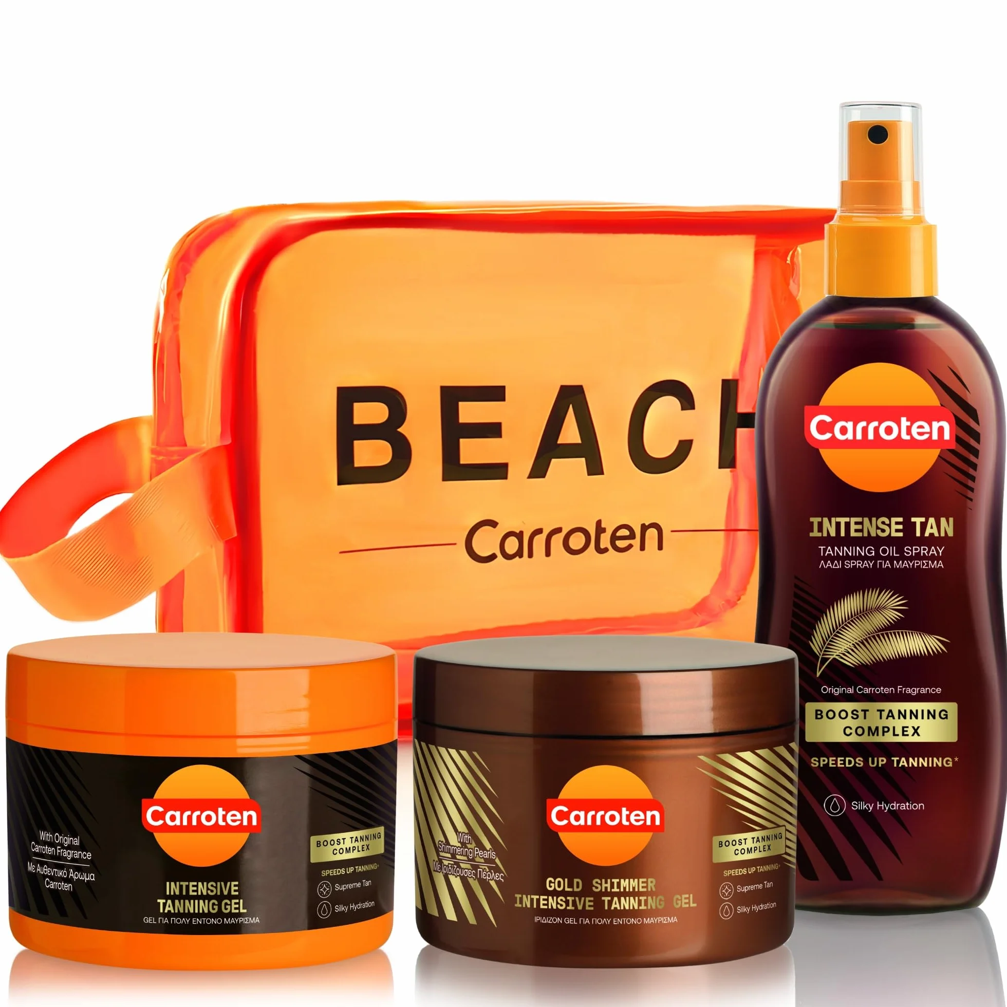 Carroten set di 3 acceleratori d'abbronzatura - Kit d'abbronzatura composto da Gold Tanning Gel e Intensive Tanning Gel 150 ml, e Intensive Tan Oil 150 ml, inclusa borsa cosmetica