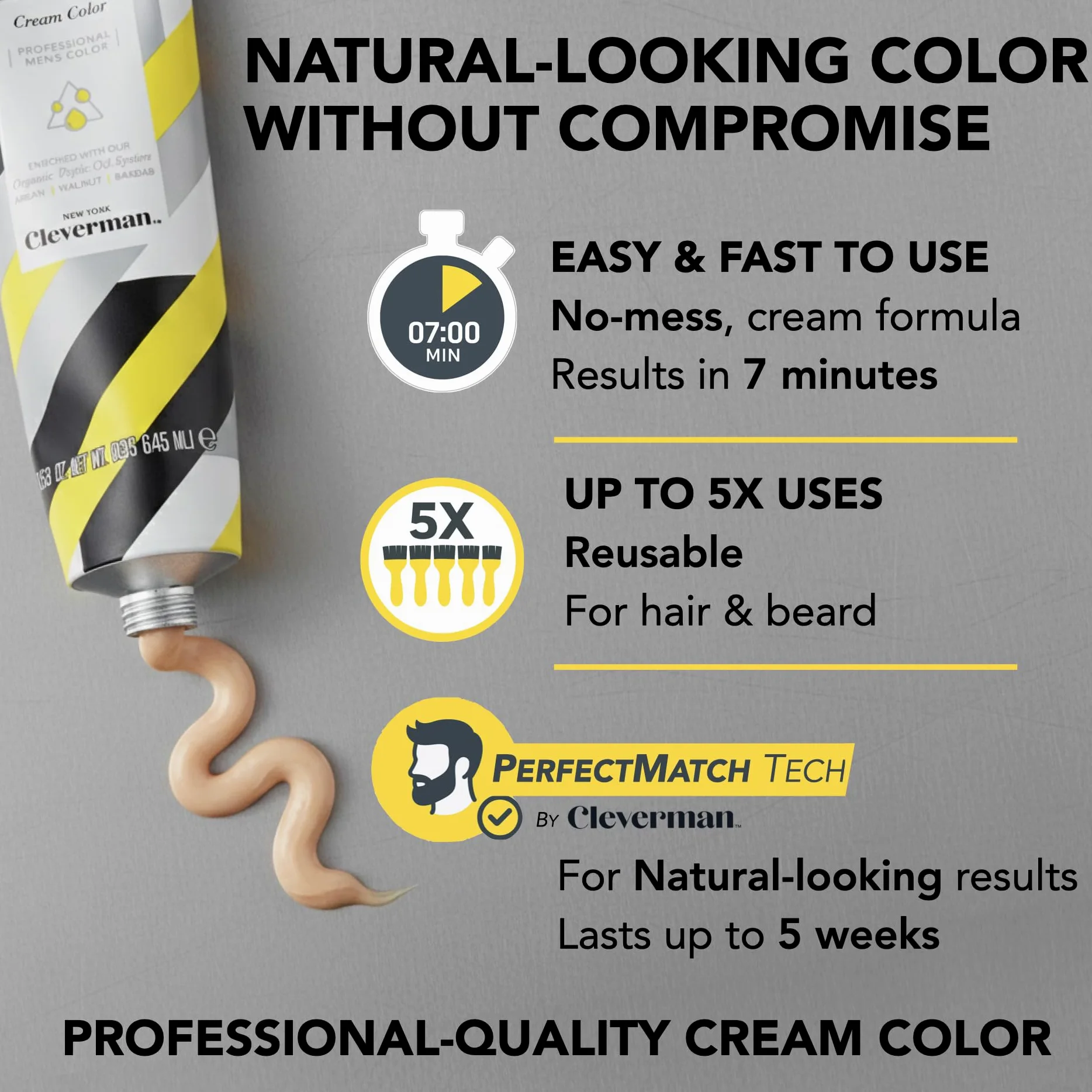 CLEVERMAN Kit di tintura per capelli e barba da uomo, riutilizzabile, tutto in uno, copertura naturale dei grigi, colorante per barba e baffi, senza ammoniaca (marrone chiaro).