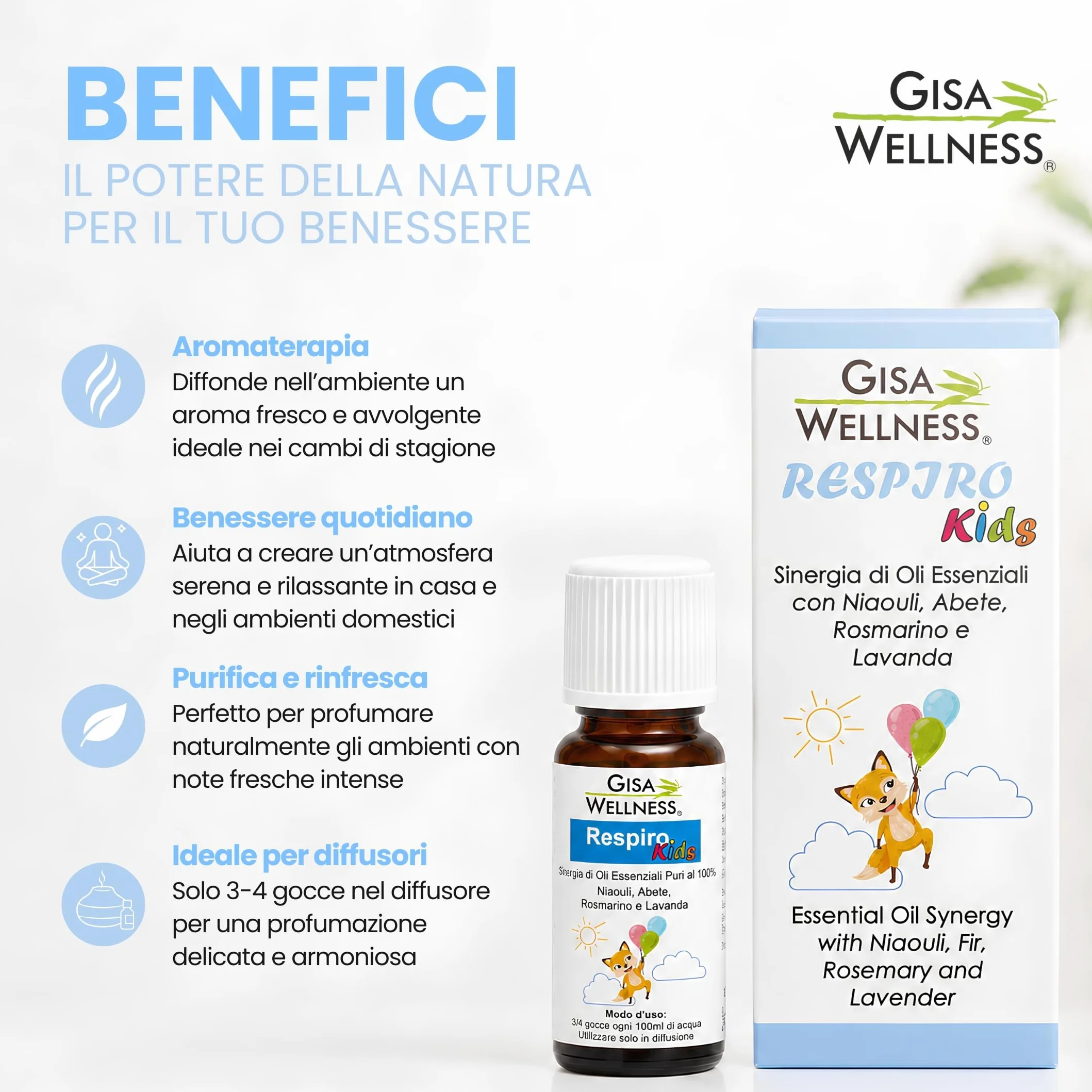 Respiro Kids 15ml Sinergia di Oli Essenziali Balsamici per Bambini Niaouli Abete Rosmarino Lavanda