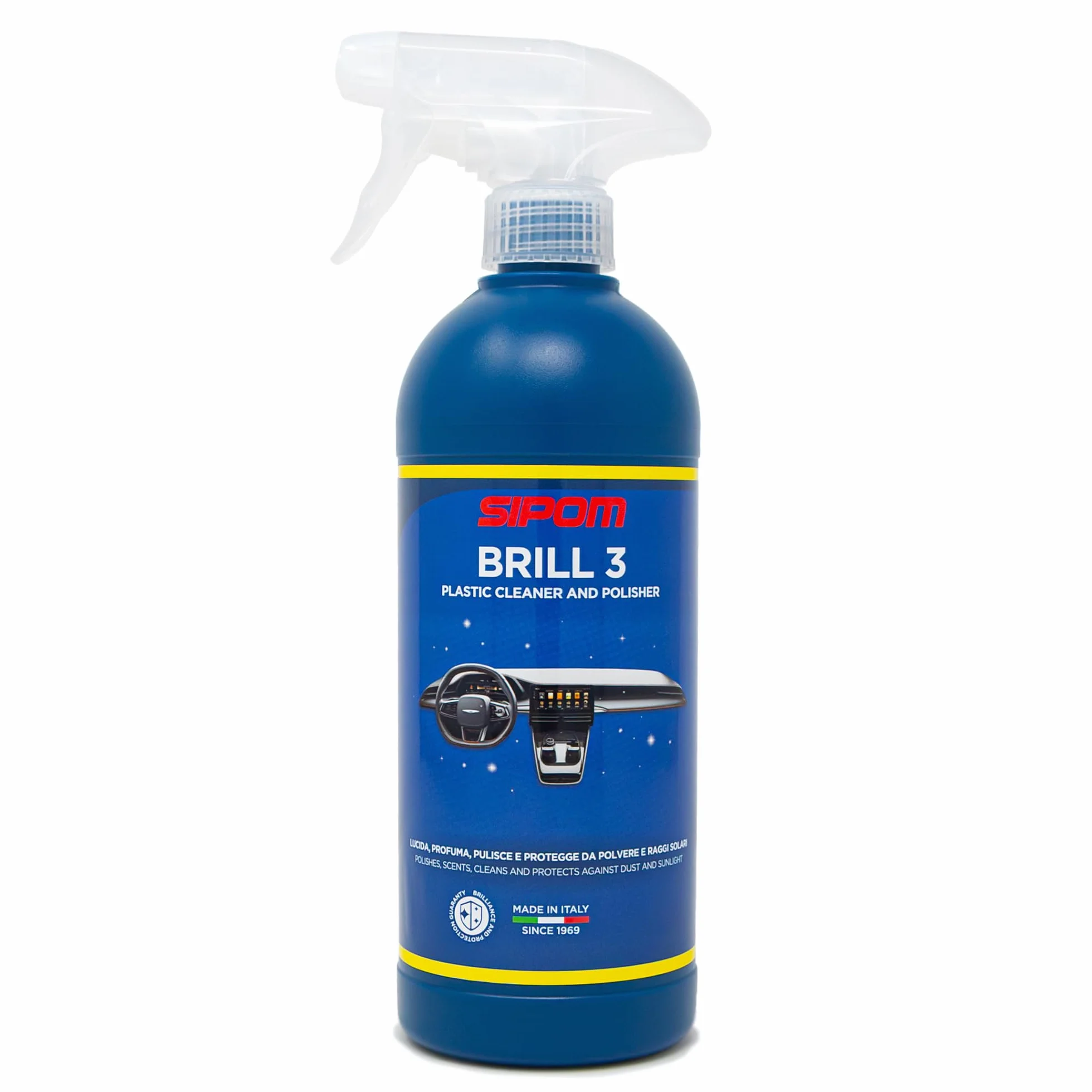 SIPOM BRILL 3 Lucida Cruscotto Auto 500 ml, Rinnova Plastiche Interne e Pannelli Porta, Detergente Interni Auto Antistatico, Protezione Anti UV, Made in Italy