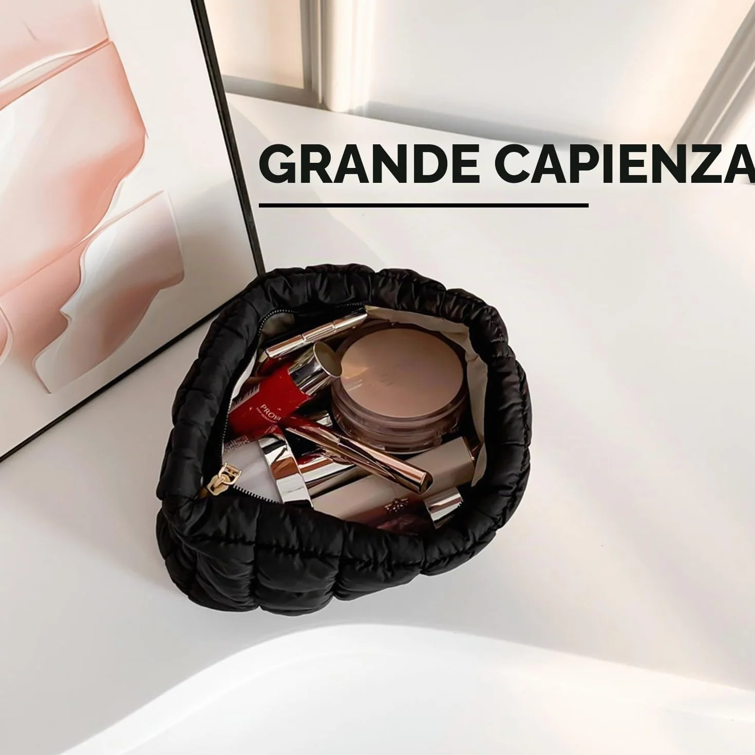 Borsa per trucchi trapuntata Puffy, borsa per cosmetici, organizer da viaggio per articoli da toeletta, pochette da donna