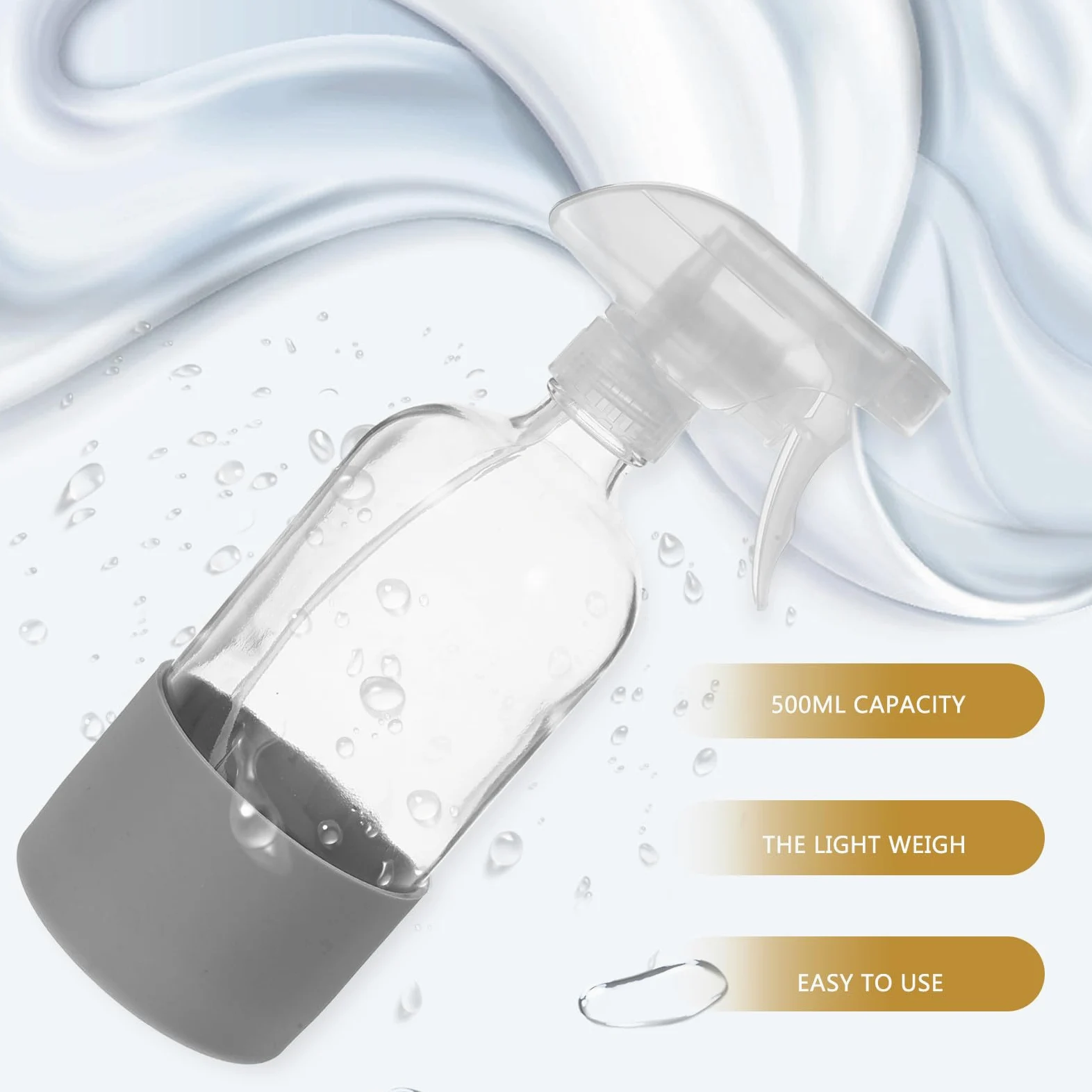 IMIKEYA Bottiglia di vetro con atomizzatore 500 ml Base in silicone antiscivolo trasparente confezione da 3 pezzi rosa blu e grigio riutilizzabile per la pulizia del giardino e il salone