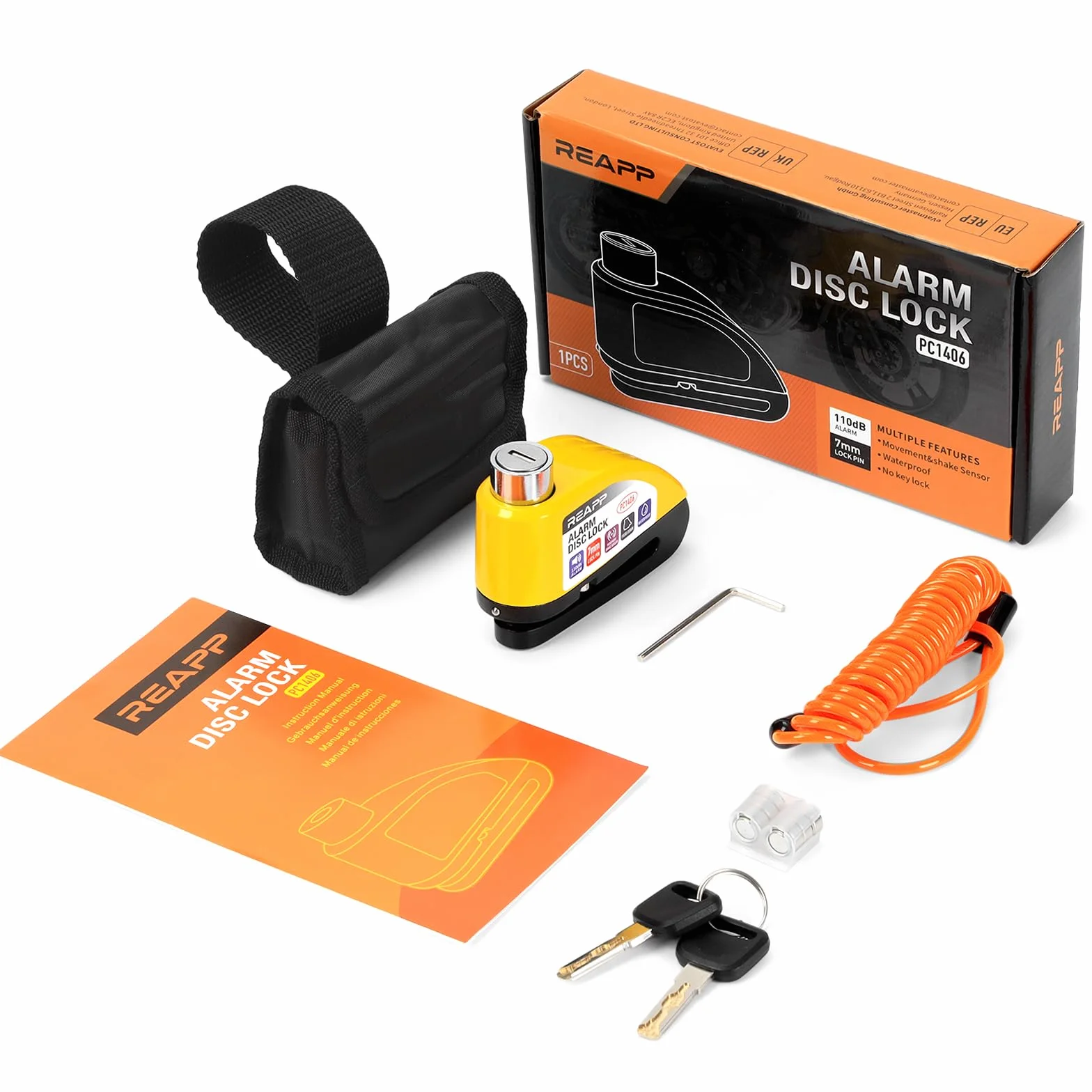 REAPP Lucchetto Moto Antifurto con Allarme Sonoro 110DB, Blocca Disco per Bici Motorino Moped Motocross, 2 Chiavi