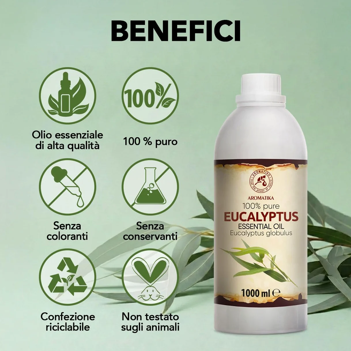 Olio Essenziale di Eucalipto 1000 ml - Eucalyptus Globulus - Naturale e Puro - Olio essenziali per Diffusori - Profumi per la Casa - Saponi e Candele - Sauna - Aroma Eucalipto - Aromaterapia