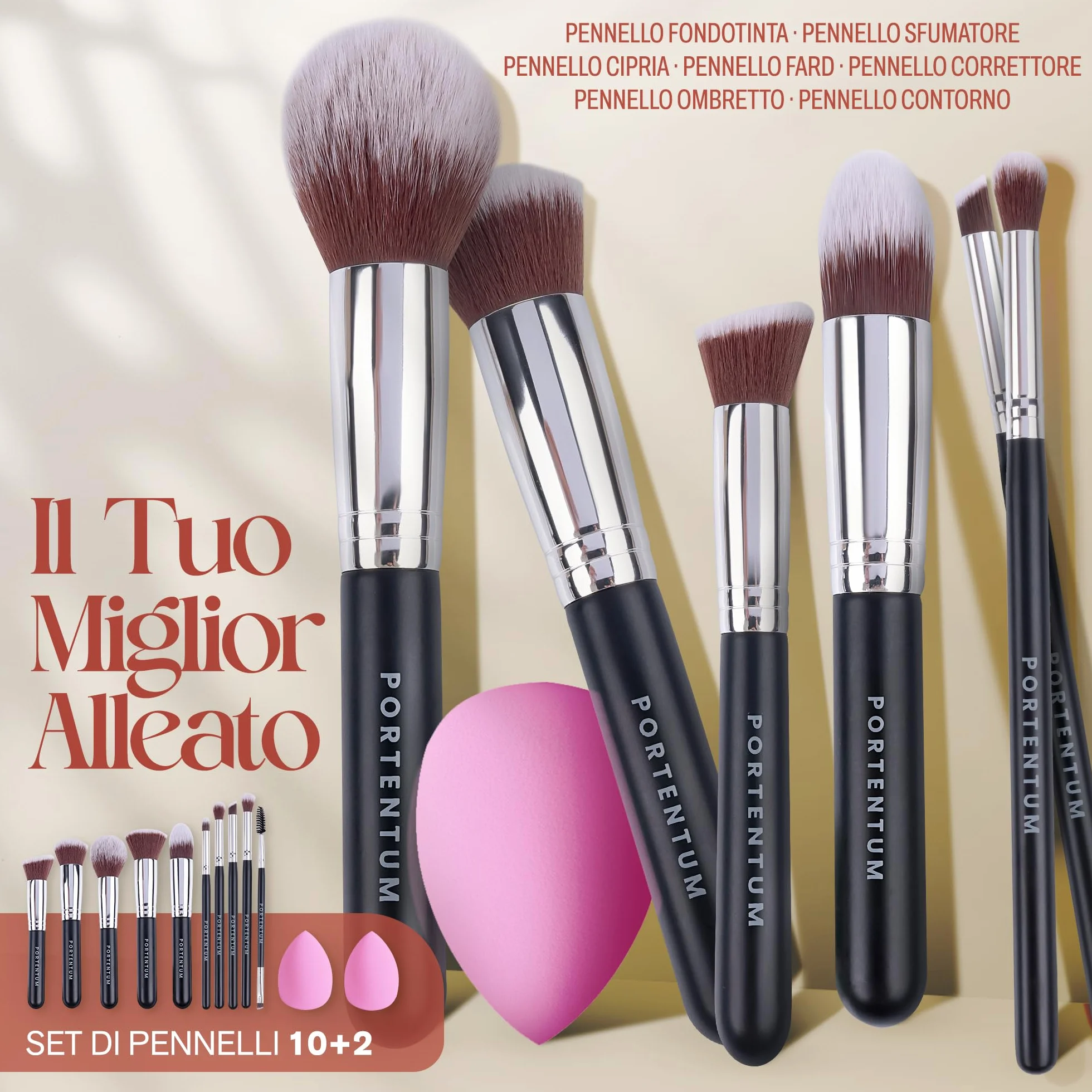 PORTENTUM Set Pennelli Make Up 10+2 Premium Synthetic Trucco Fondazione Cipria Fard Ombretto con Spugnetta e Blender Beauty