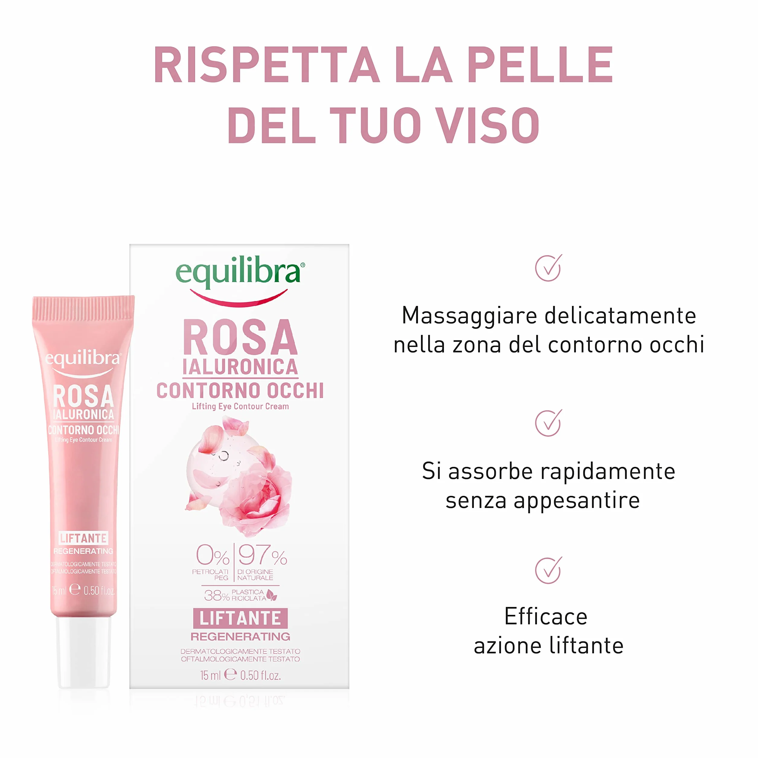 Equilibra Viso, Rosa Ialuronica Contorno Occhi Liftante, Siero Contorno Occhi a Base di Estratto di Rosa Damascena, Acido Ialuronico, Attivo da Semi di Sesamo e Microalghe, Effetto Lifting, 15 ml
