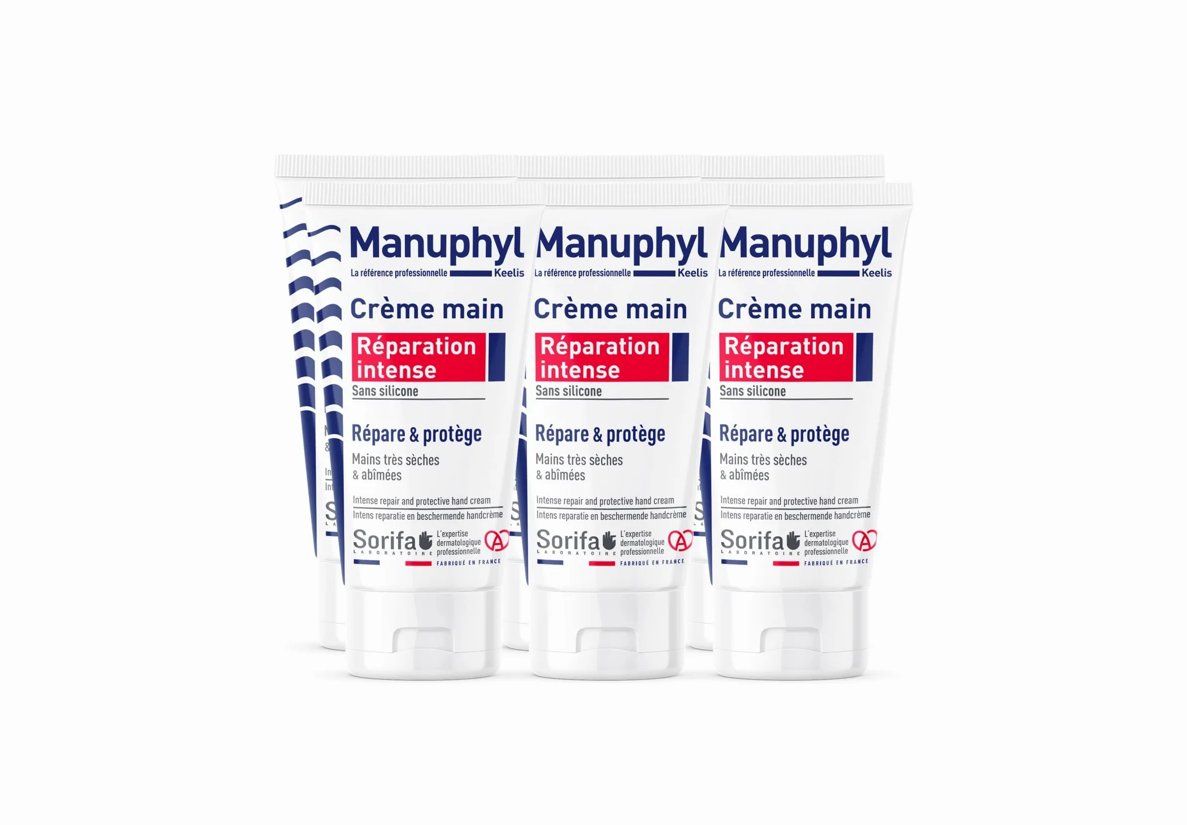 Set di 6 Manuphyl Crema Mani Riparazione Intensa - Mani molto secche e danneggiate - Poco grasso, leggermente profumato, arricchito con glicerina e proteine del grano - Tubo 50 ml
