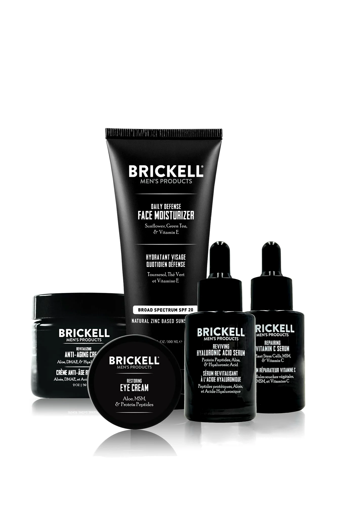 Brickell Men's Difesa Completa Routine Antietà Invecchiamento, Crema Viso Notte, Siero Giorno e Notte Vitamina C, Idratante Viso con SPF e Crema Occhi, Naturale e Biologico, Senza Profumo