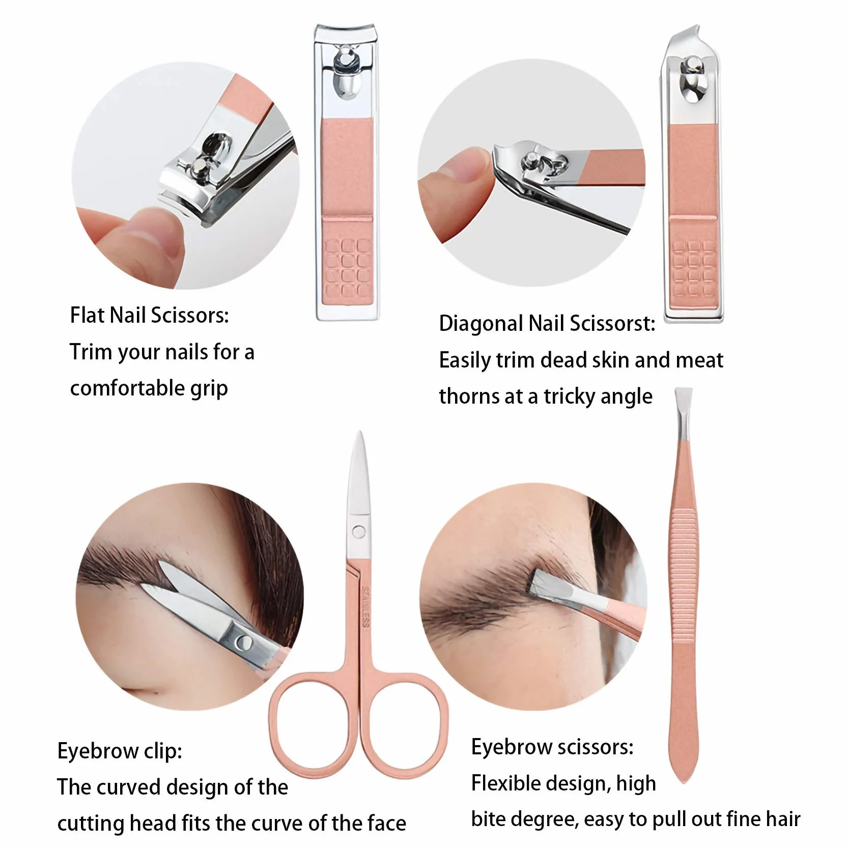 Profesjonalny Zestaw Tagliaunghie 7 Części, Manicure Pedicure Acciaio Inox, Forbici Unghie, Kit Cura Unghie z Pudełkiem Różowy