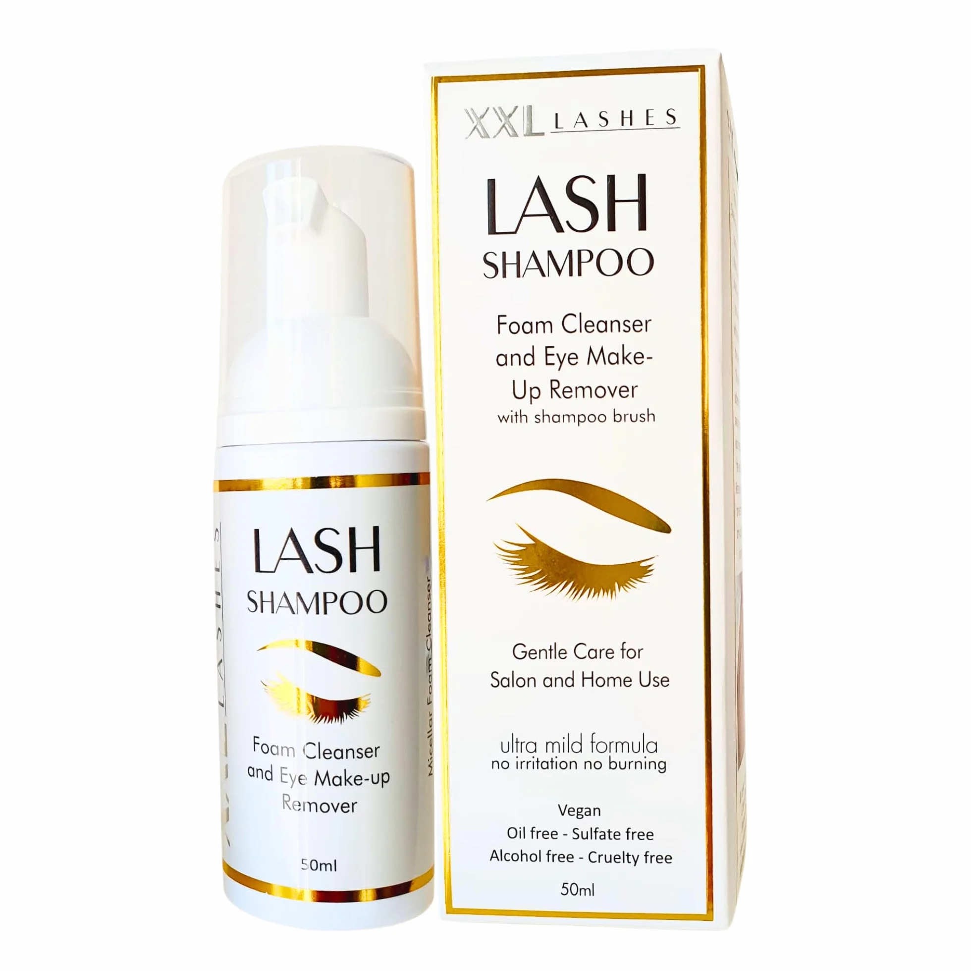 XXL Lashes Shampoo per extension ciglia, detergente schiumogeno, struccante, 50 ml con spazzolino per shampoo per ciglia e sopracciglia, cura ciglia con pennello per lavaggio