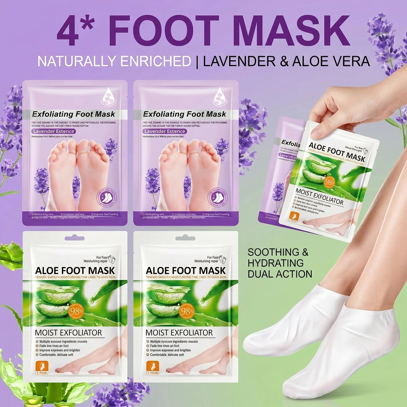 4 Paia Maschera Piedi Esfoliante e Idratante, Trattamento Peeling Piedi con Lavanda e Aloe Vera per Piedi Secchi, Calzini Esfolianti per Rimozione Pelle Morta e Calli, Donna e Uomo