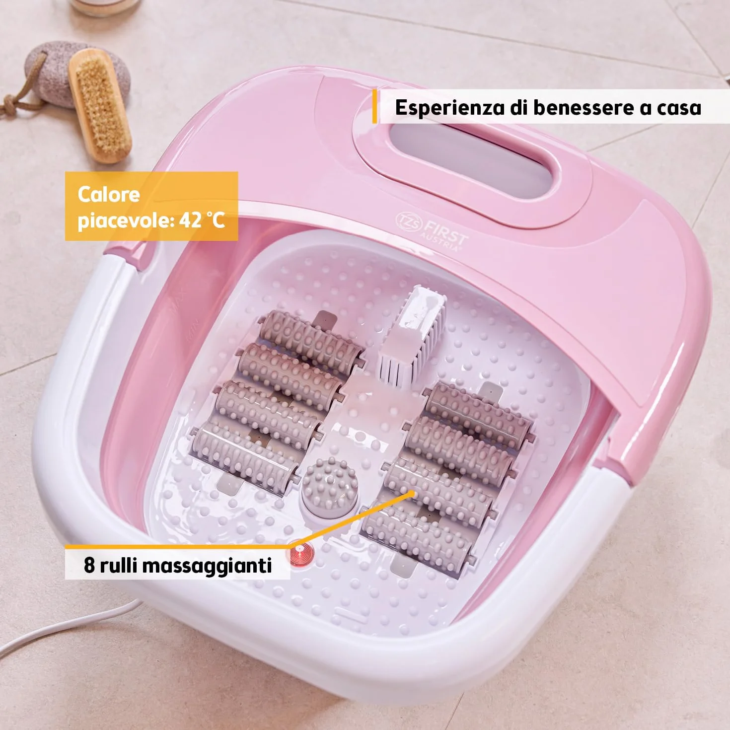 TZS First Austria - Idromassaggio Plantare 500W - Massaggiatore piedi con 3 accessori & 8 rulli - Massaggio a vibrazione & bolle d'aria, infrarossi & riscaldamento - Pieghevole fino al 47 - Rosa