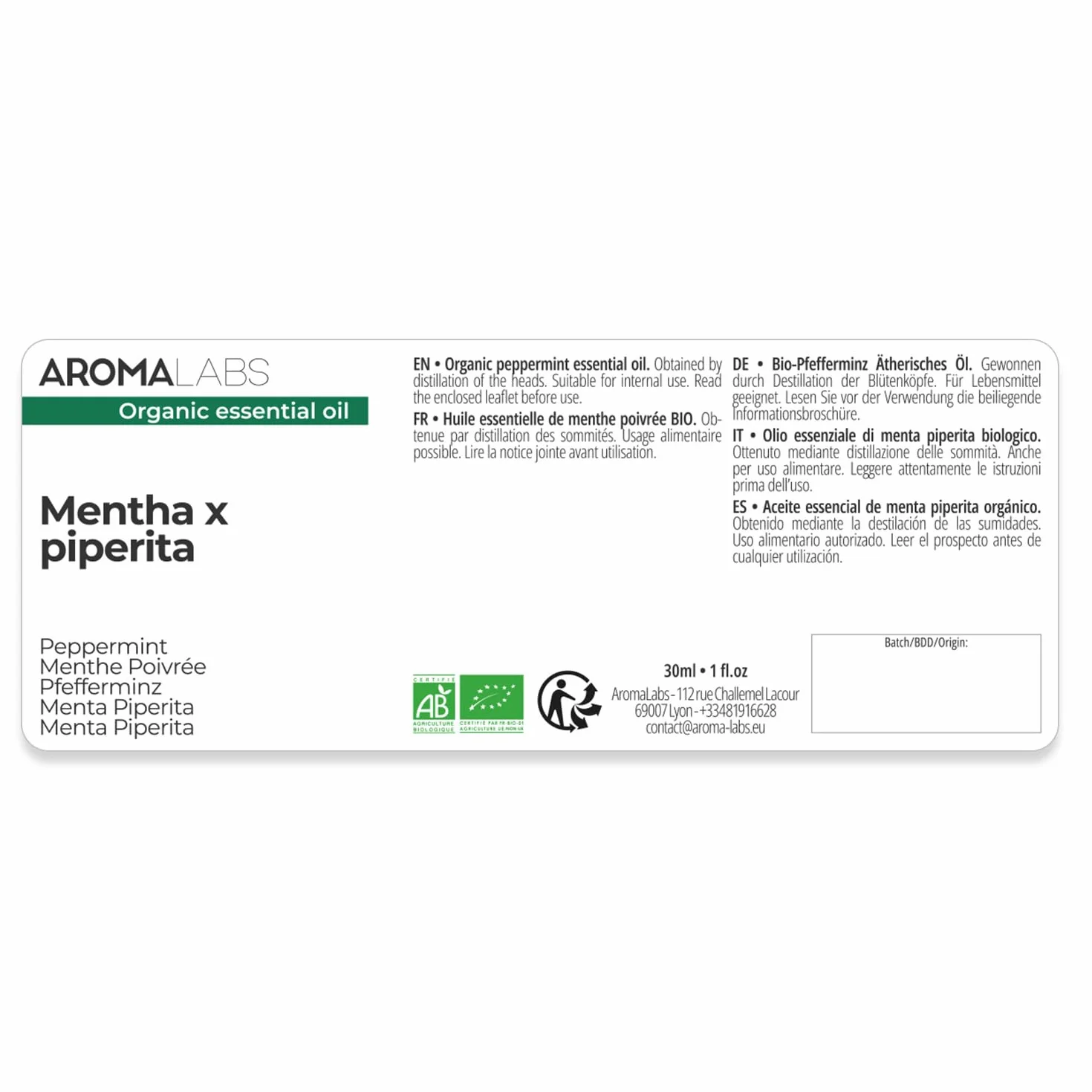 Aroma Labs Olio Essenziale Chemiotipizzato Menta Piperita BIO 30 mL Made in France