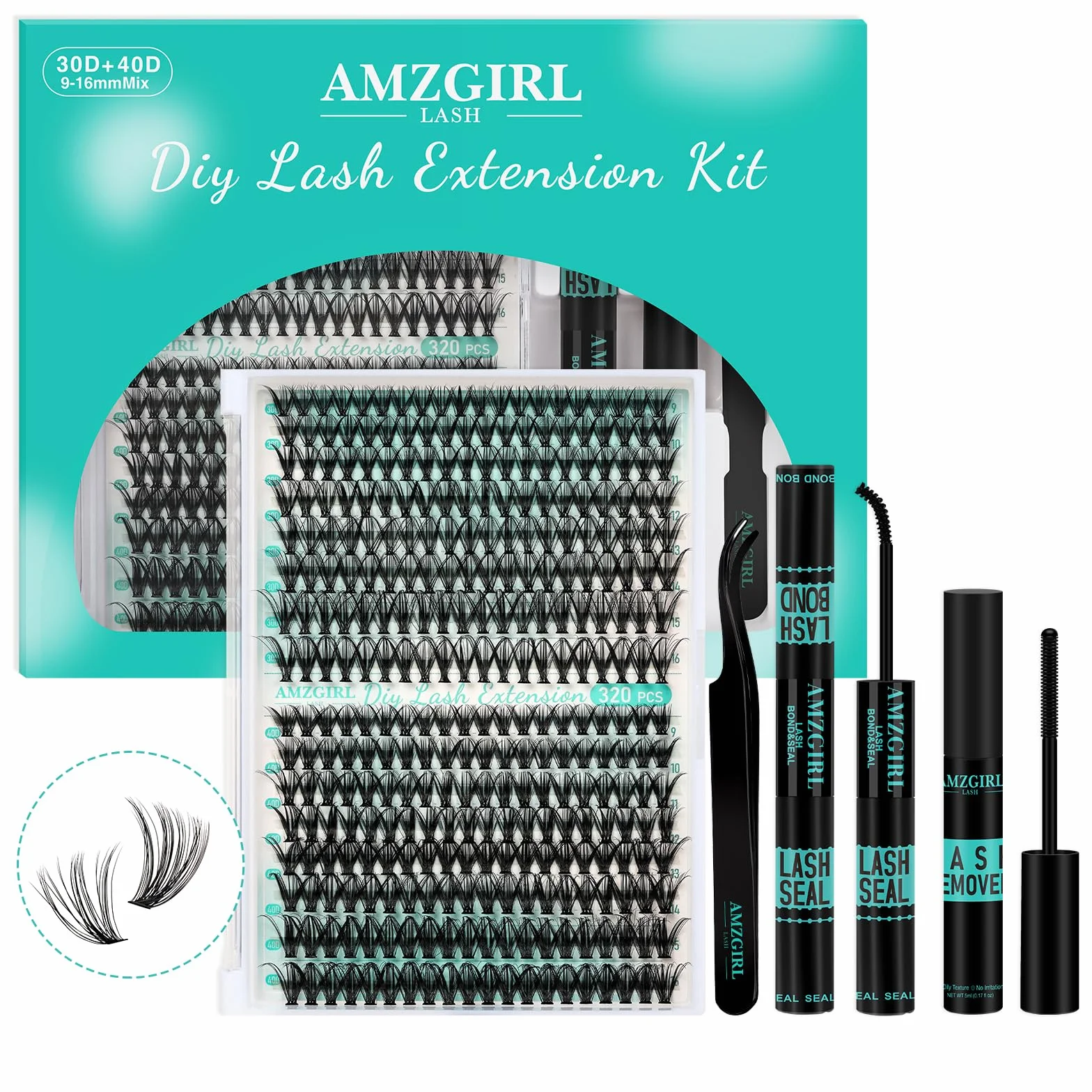 Kit Ciglia Extension 3040D 320PCS Nero Bond e Seal Glue Remover Pinzette 9-16 mm